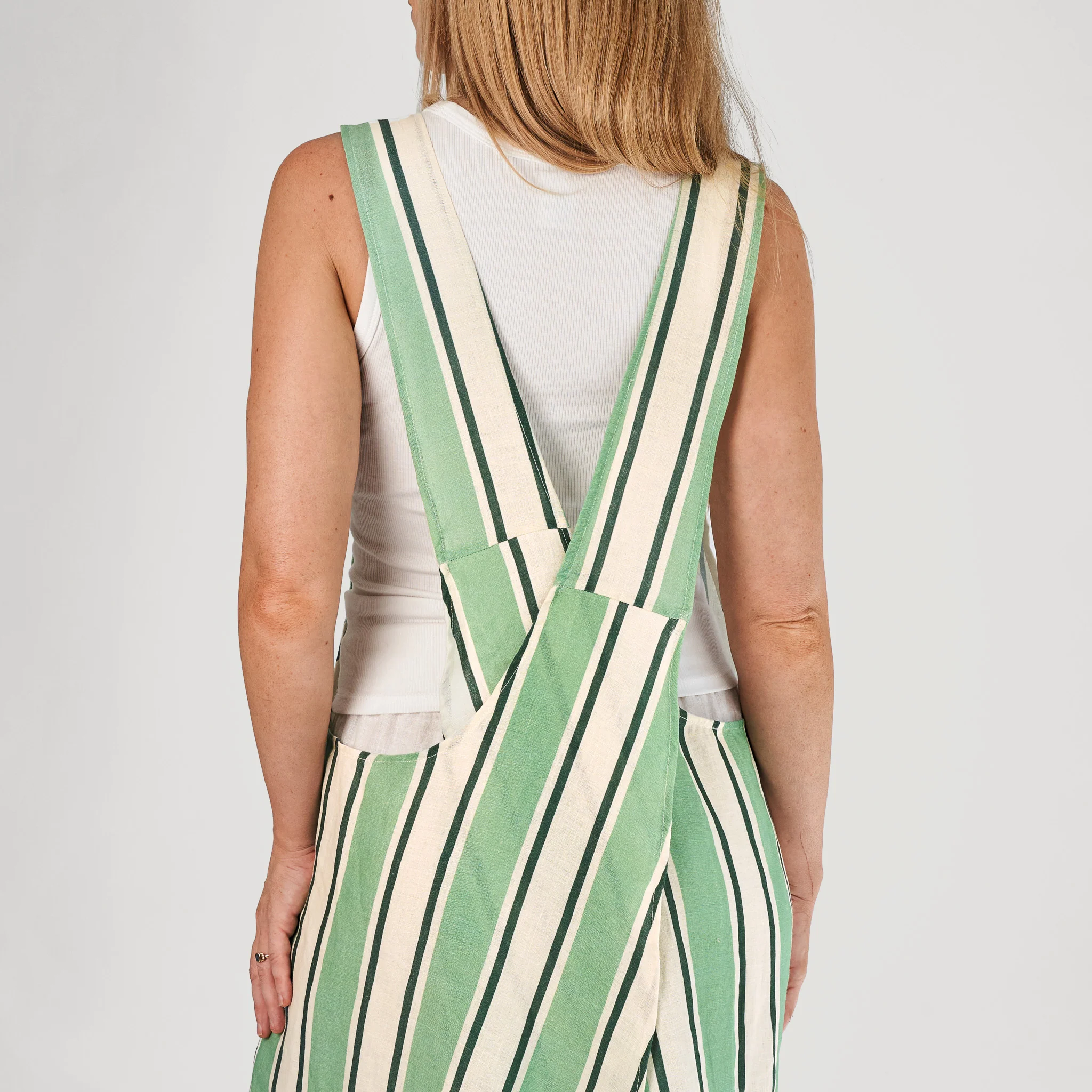 French Flax Linen Apron in Green Stripe - Image 4