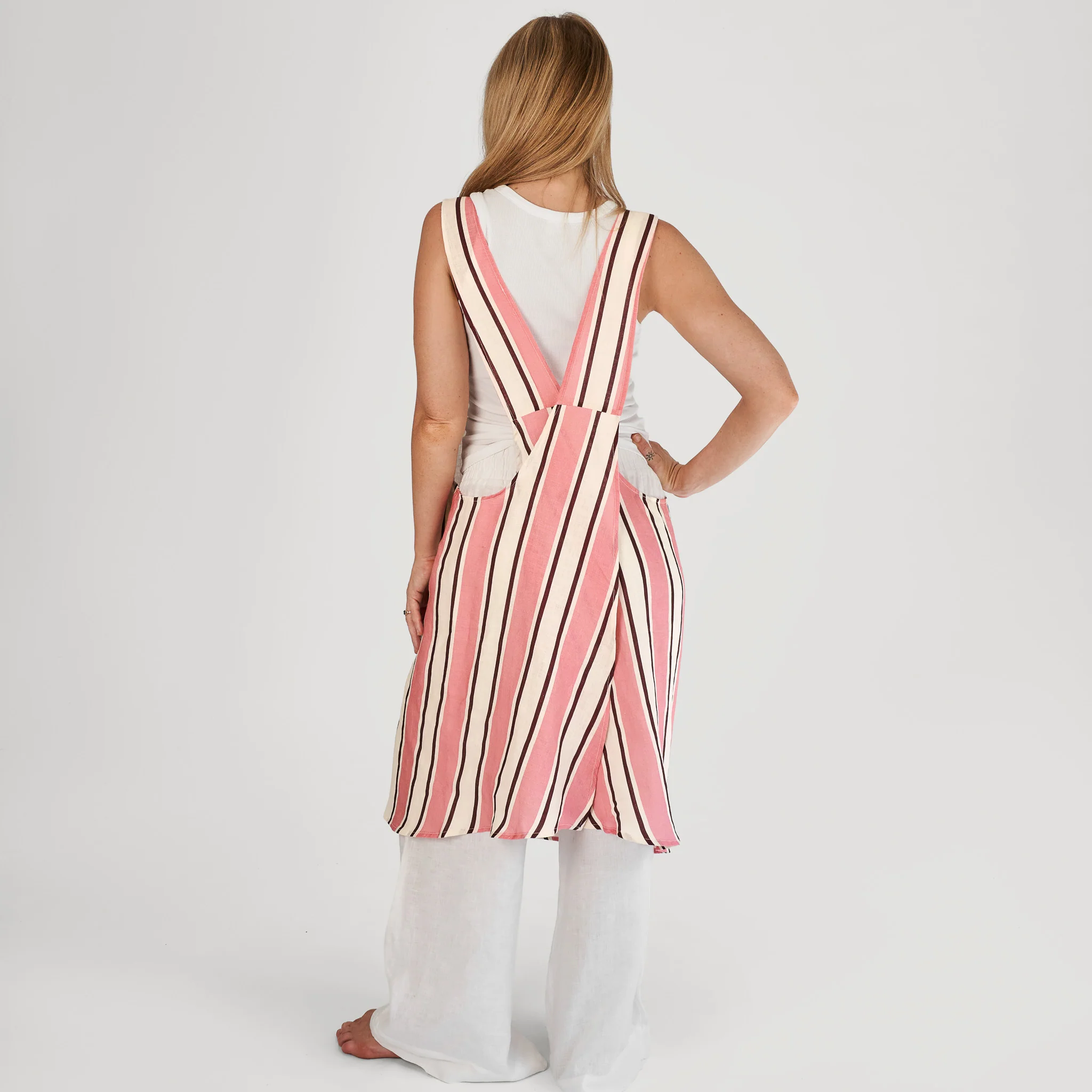 French Flax Linen Apron in Pink Stripe - Image 2