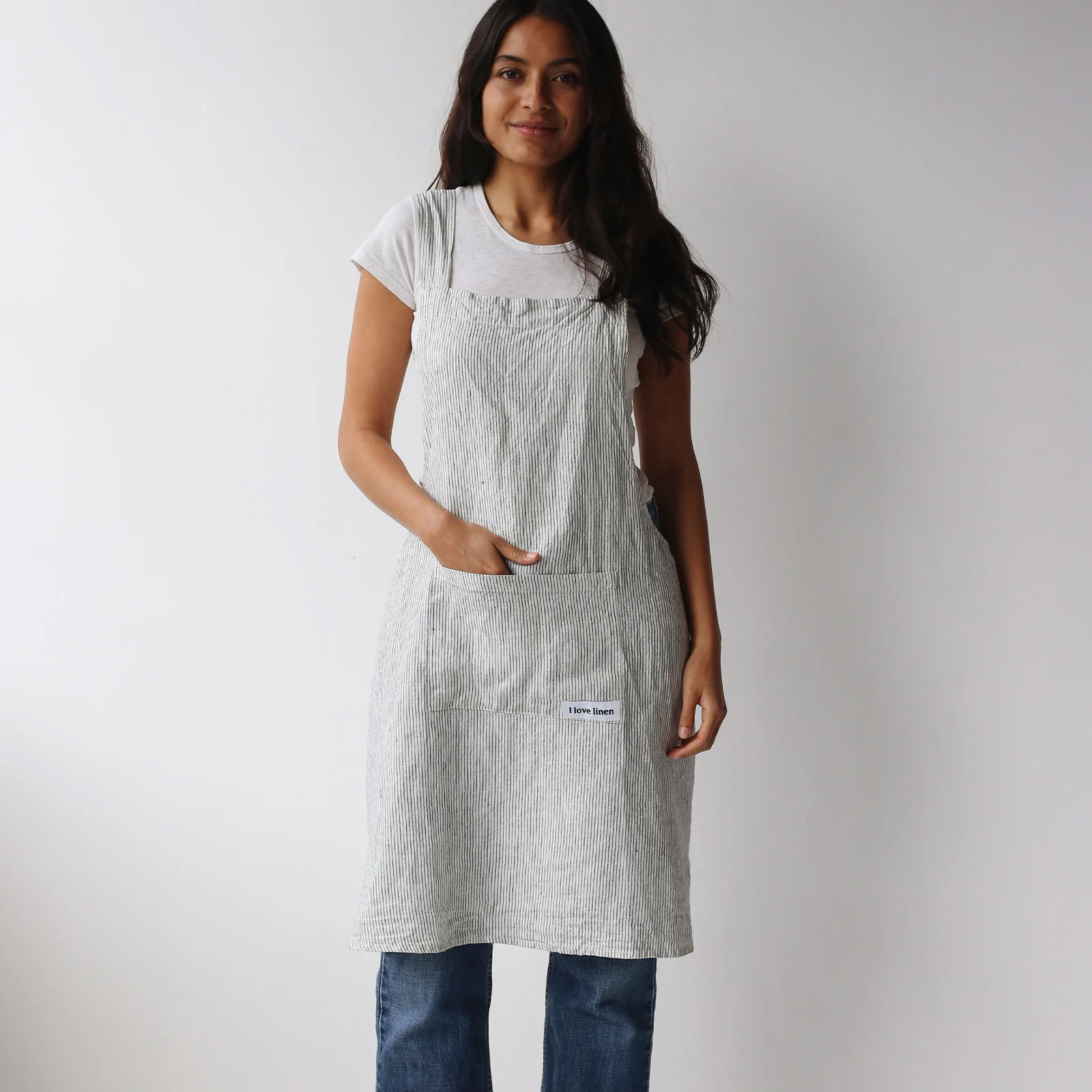 French Flax Linen Apron in Pinstripe - Image 3