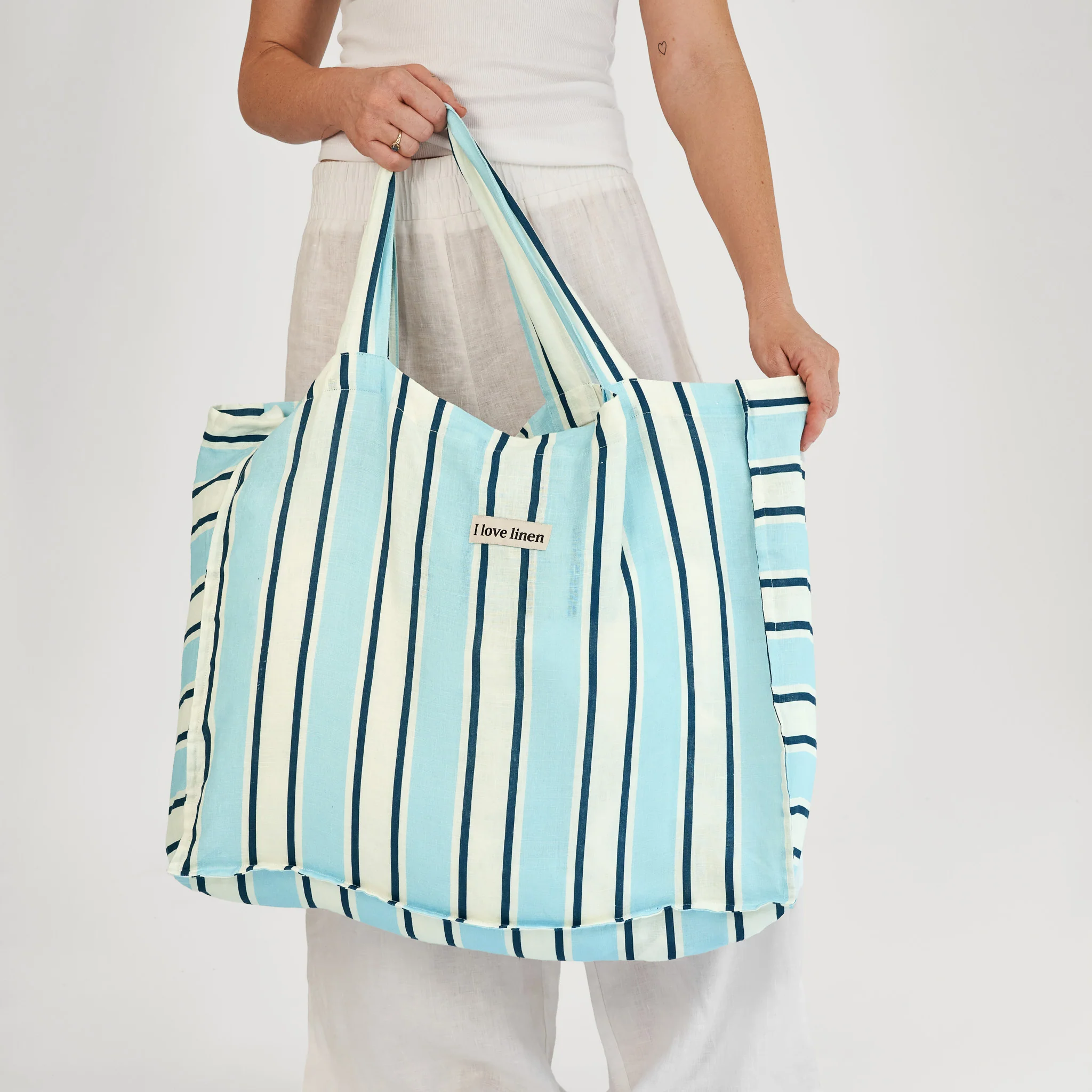 French Flax Linen Carry All Bag in Blue Stripe - Image 2