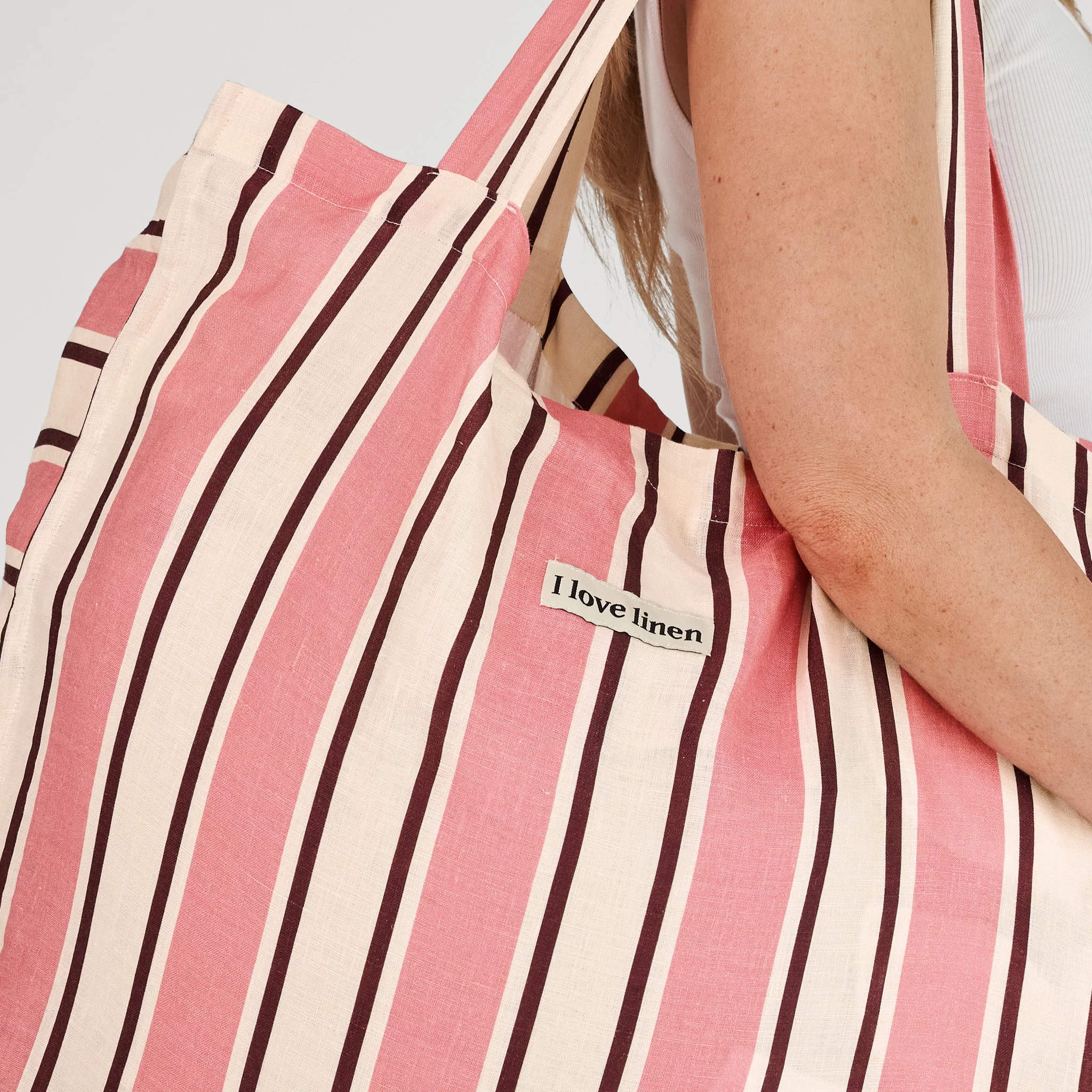French Flax Linen Carry All Bag in Pink Stripe - Image 4