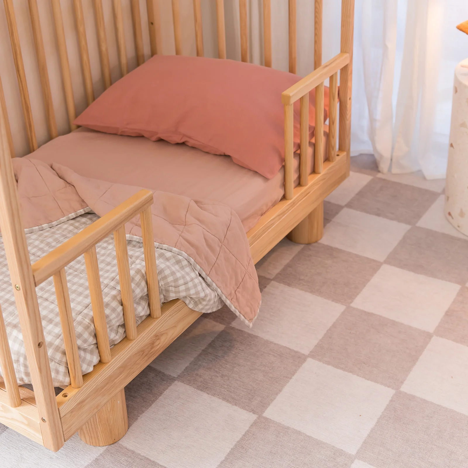 French Flax Linen Cot Quilt/Play Mat in Clay/Beige Gingham - Image 12
