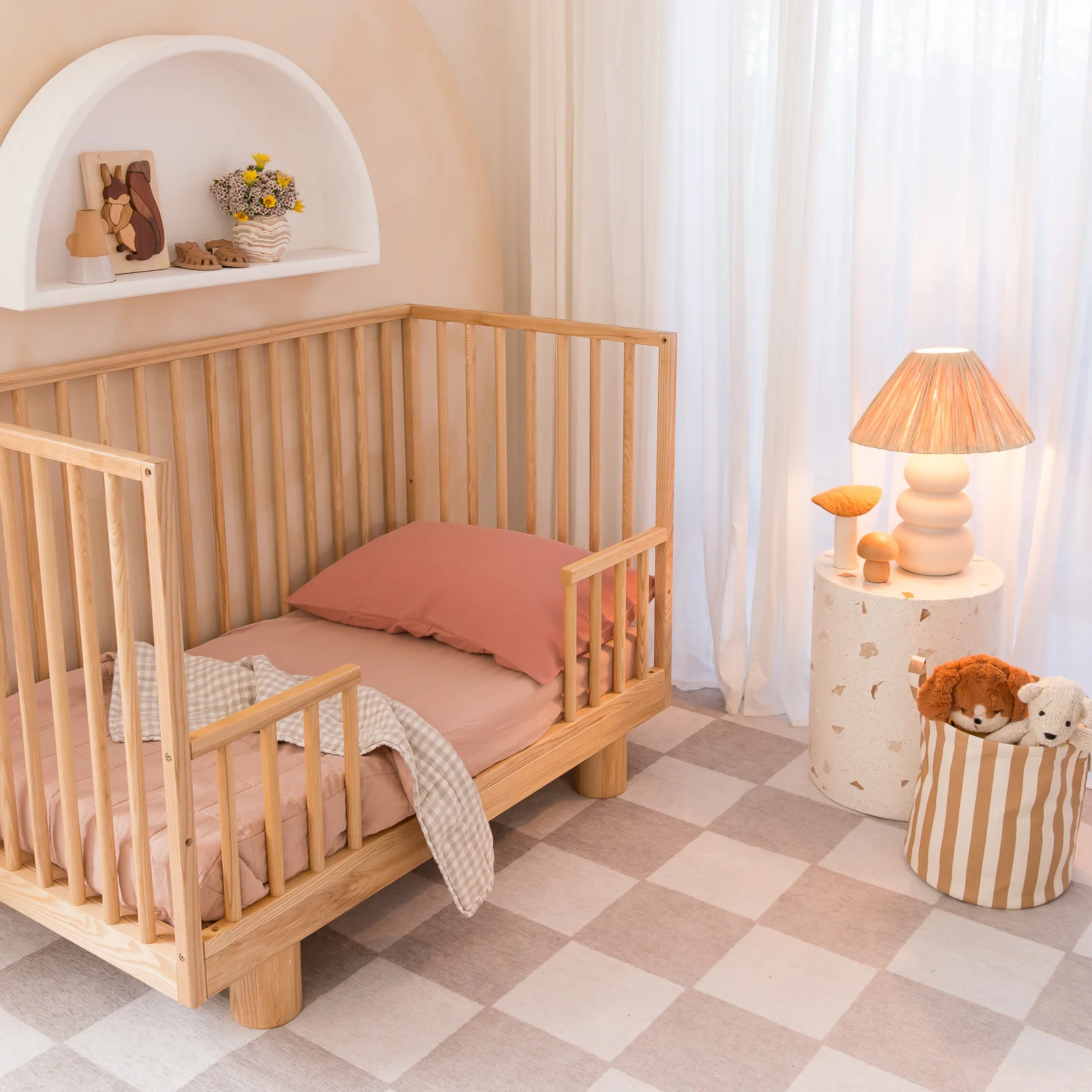 French Flax Linen Cot Quilt/Play Mat in Clay/Beige Gingham - Image 15