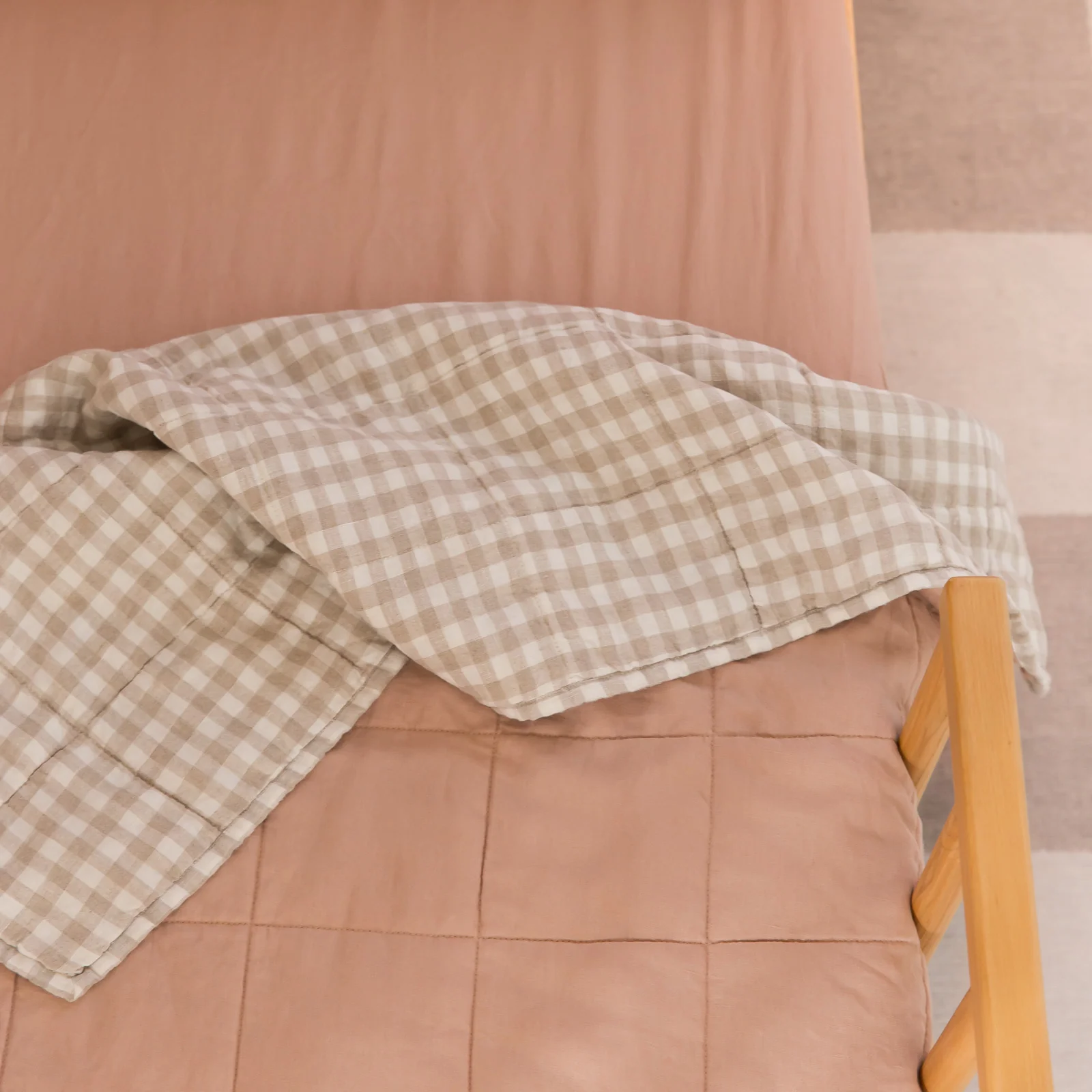 French Flax Linen Cot Quilt/Play Mat in Clay/Beige Gingham - Image 18