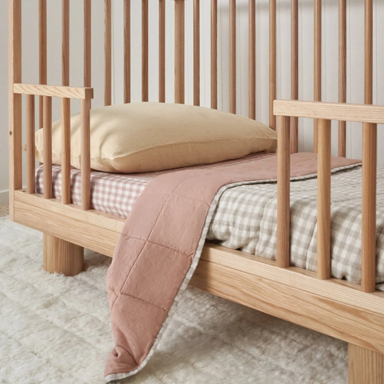 French Flax Linen Cot Quilt/Play Mat in Clay/Beige Gingham - Image 3
