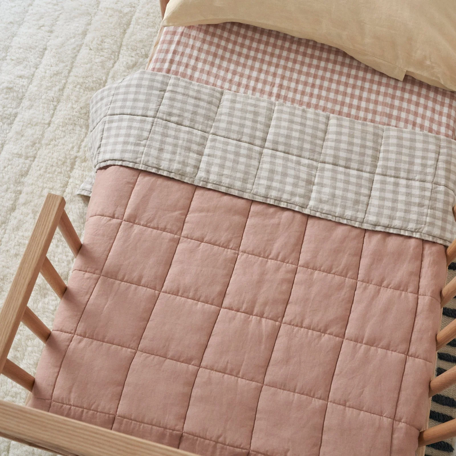 French Flax Linen Cot Quilt/Play Mat in Clay/Beige Gingham - Image 6