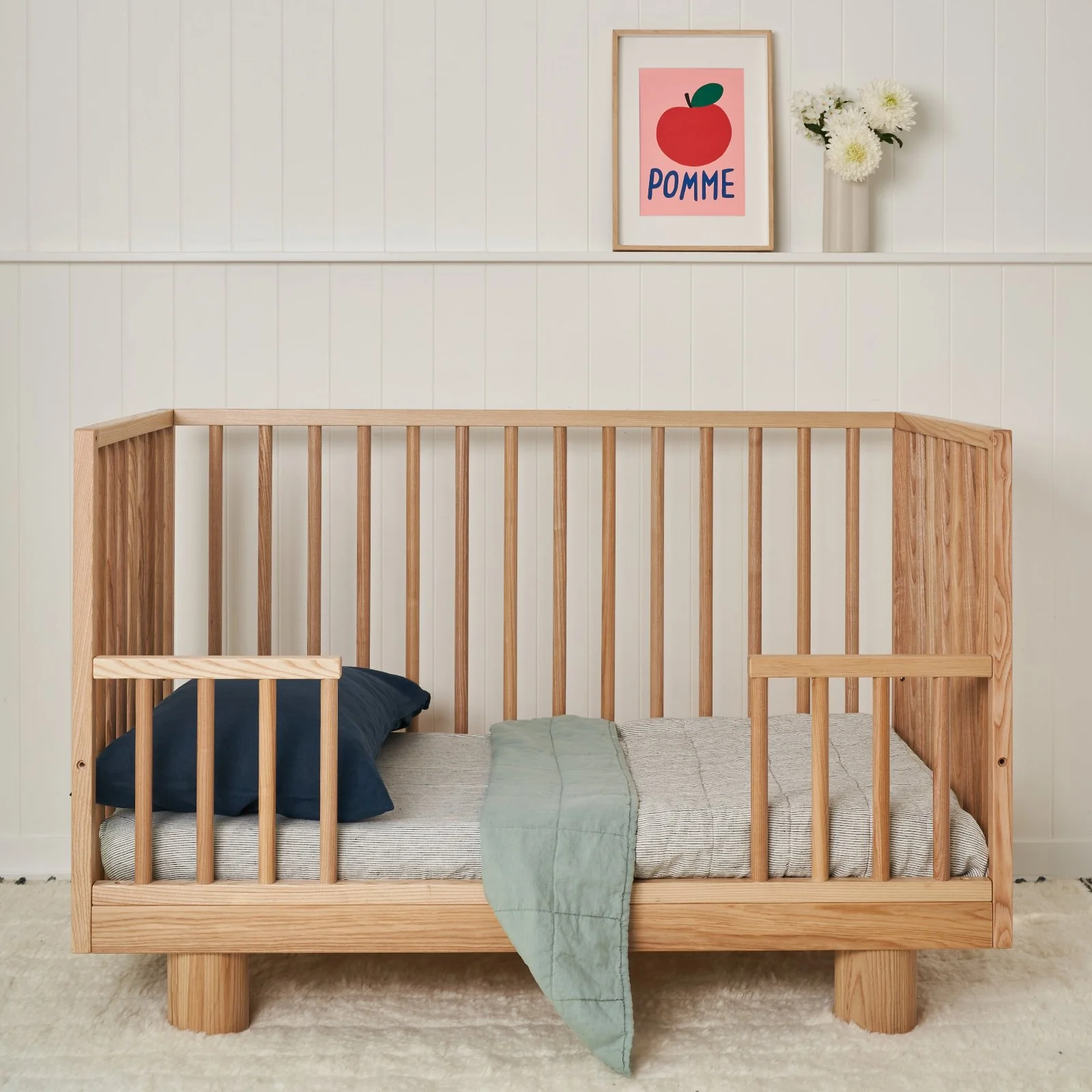 French Flax Linen Cot Quilt/Play Mat in Sage/Pinstripe