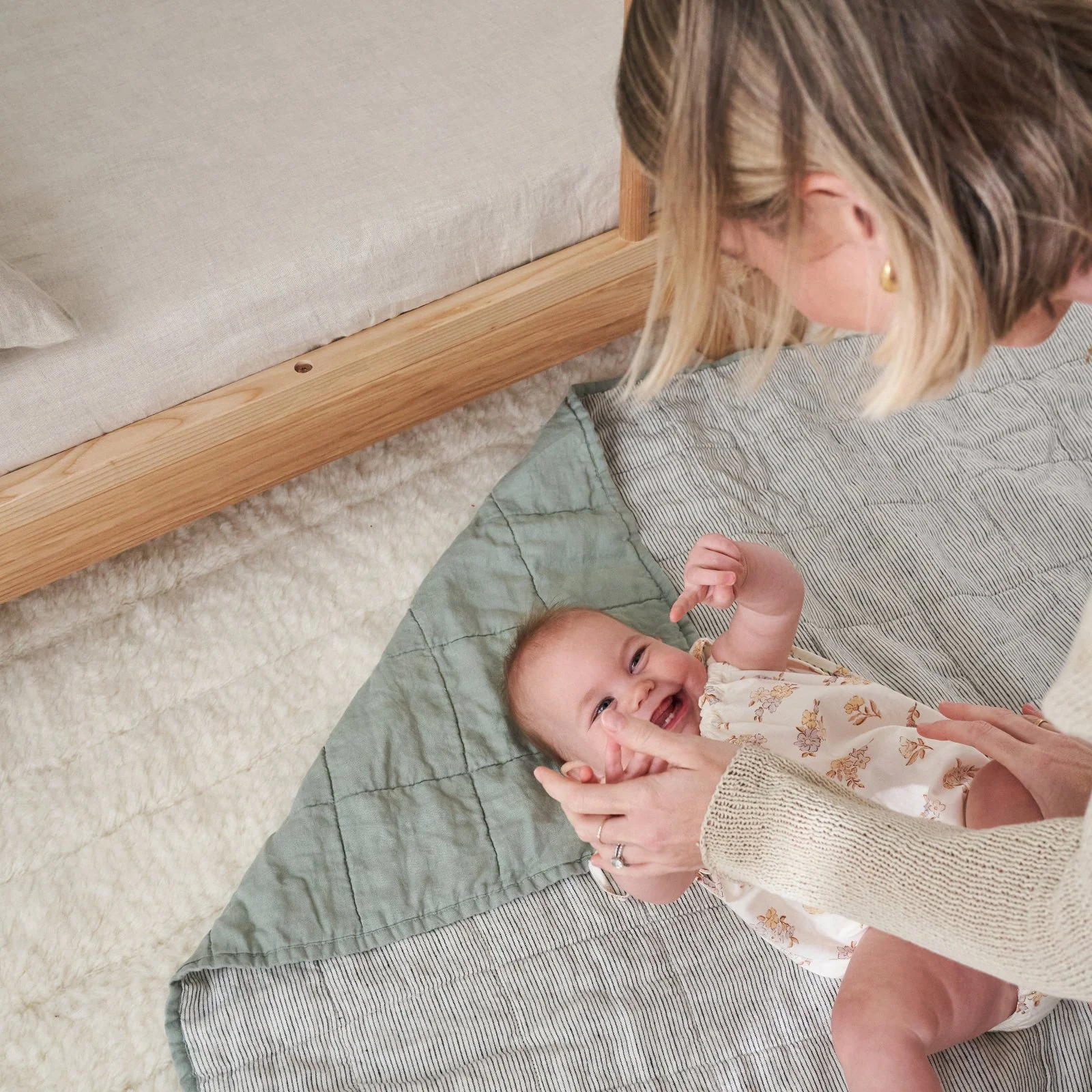 French Flax Linen Cot Quilt/Play Mat in Sage/Pinstripe - Image 13