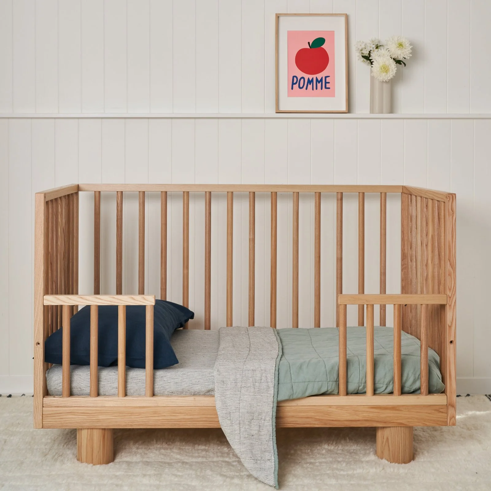 French Flax Linen Cot Quilt/Play Mat in Sage/Pinstripe - Image 2
