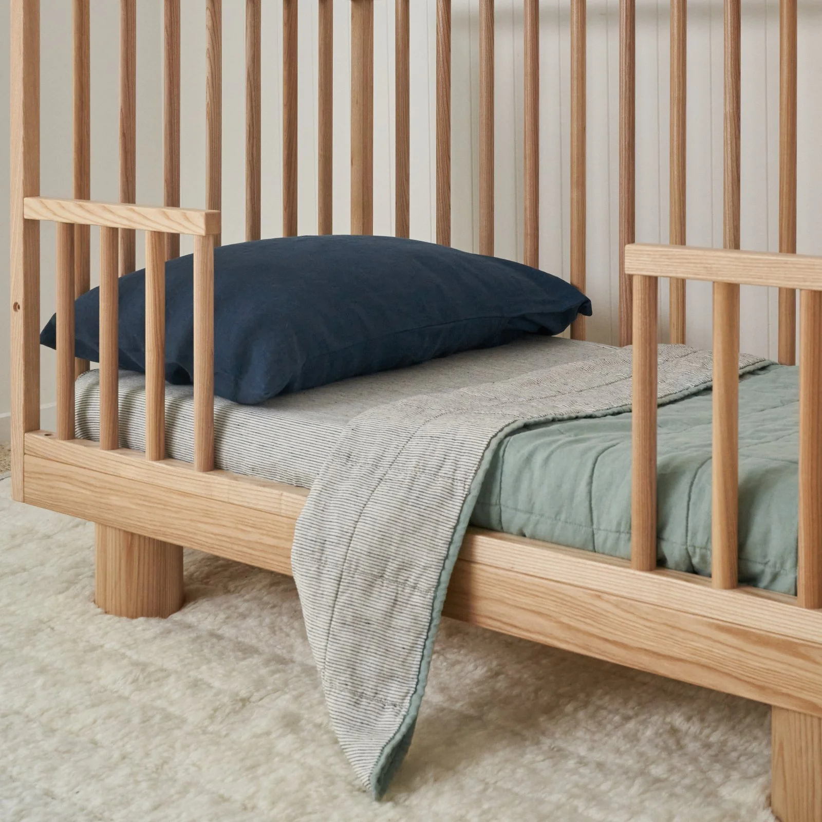 French Flax Linen Cot Quilt/Play Mat in Sage/Pinstripe - Image 5