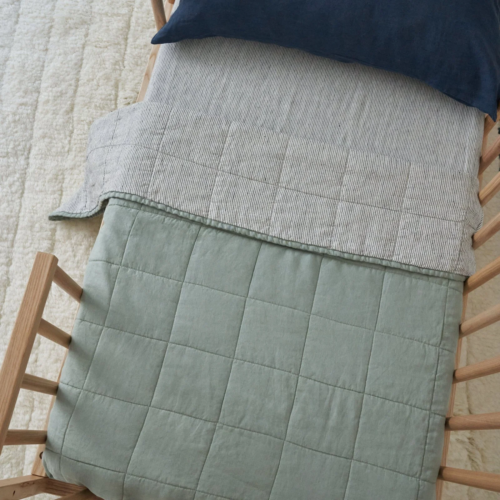 French Flax Linen Cot Quilt/Play Mat in Sage/Pinstripe - Image 6