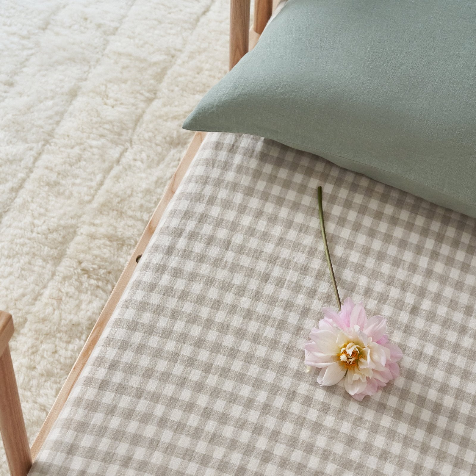 French Flax Linen Cot Sheet in Beige Gingham - Image 4