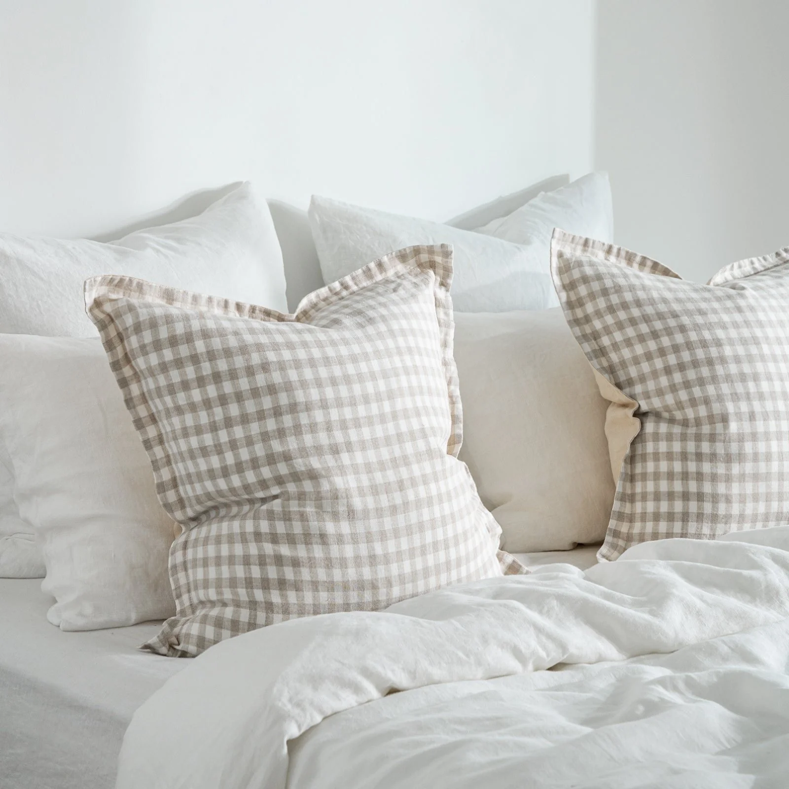 French Flax Linen Double Sided Cushion Cover in Creme/Beige Gingham - Image 2