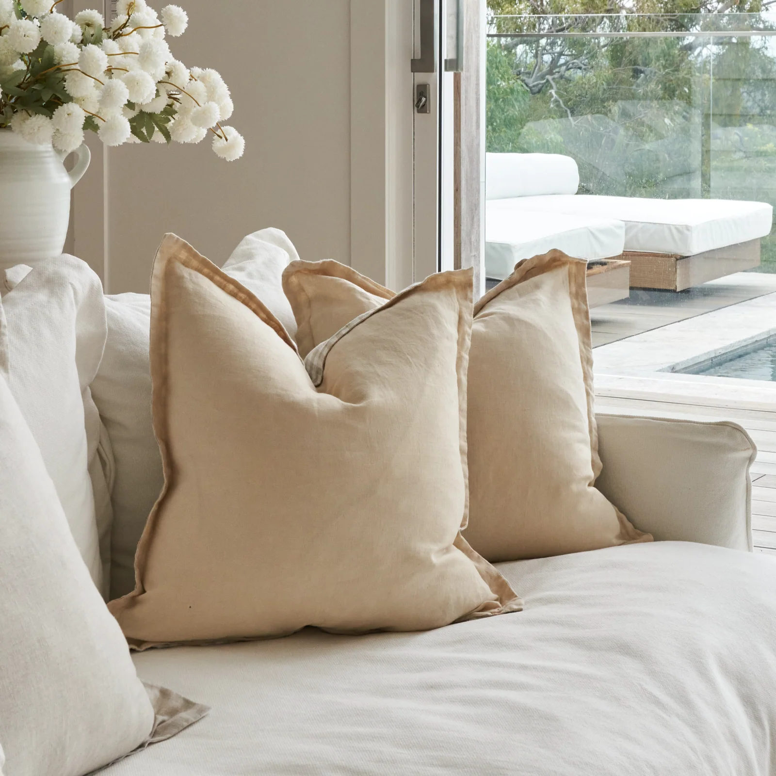 French Flax Linen Double Sided Cushion Cover in Creme/Beige Gingham - Image 3