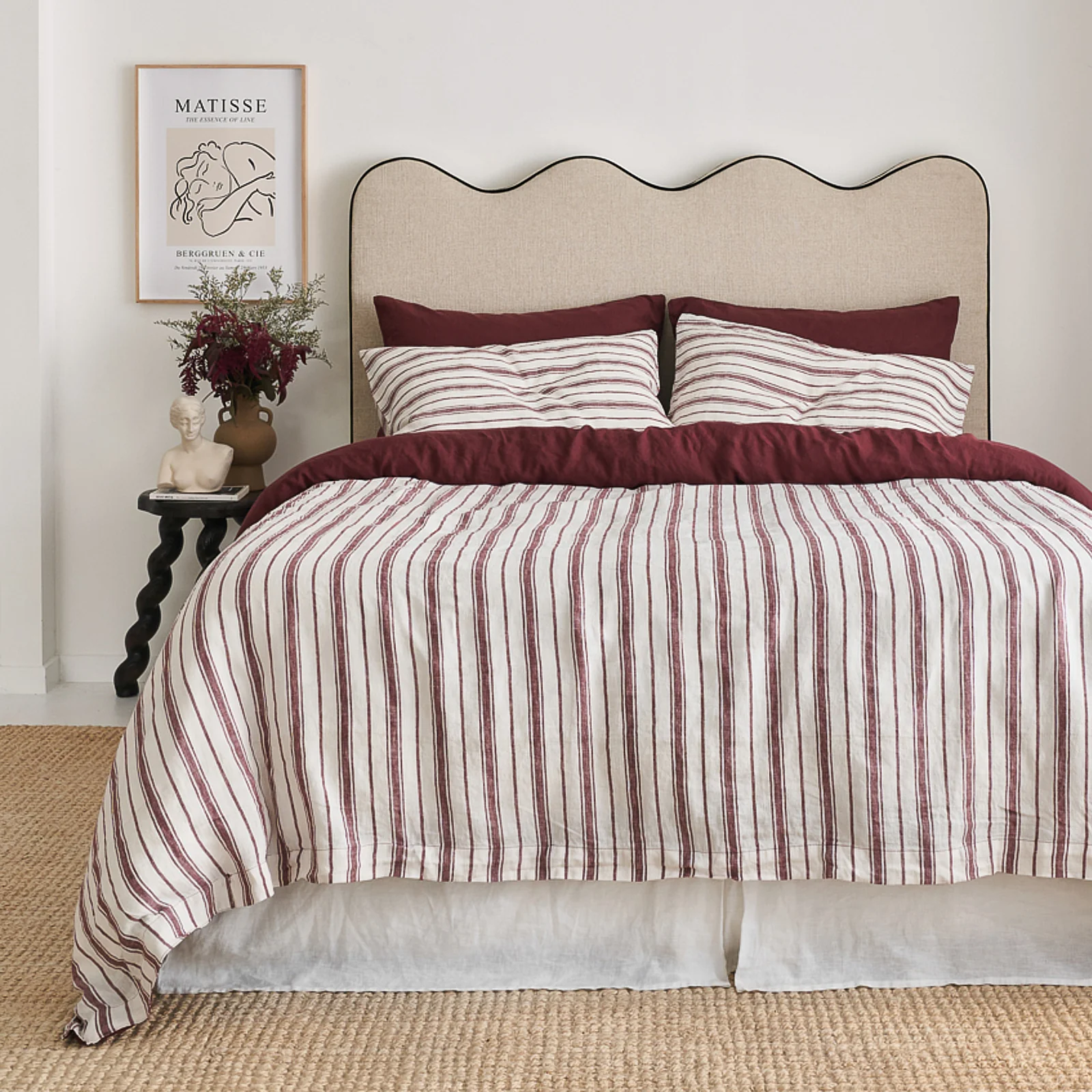 French Flax Linen Double Sided Quilt Cover in Cherrywood/Cherrywood Stripe - Image 2