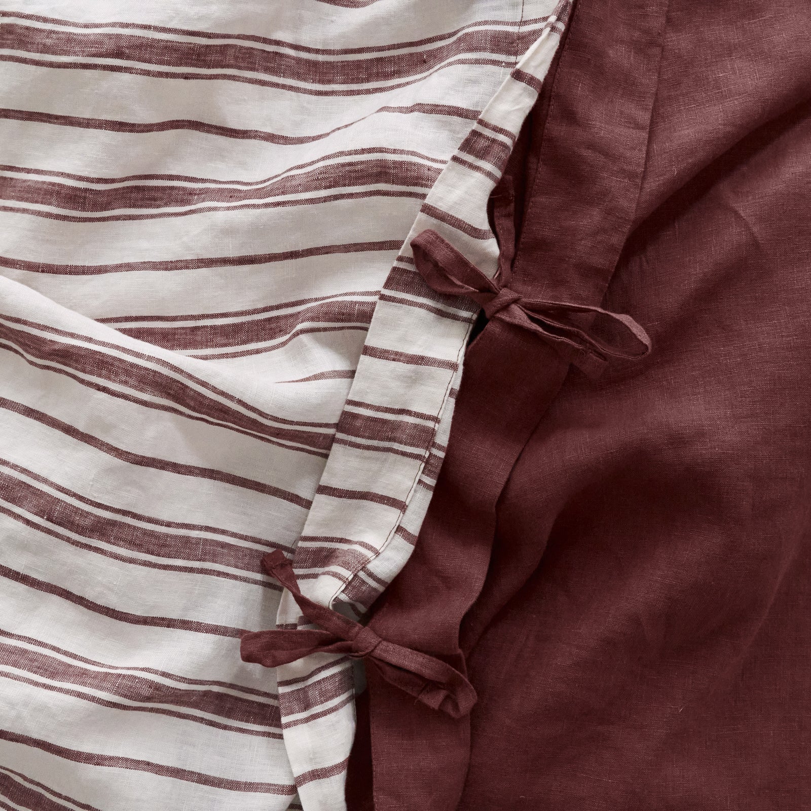 French Flax Linen Double Sided Quilt Cover in Cherrywood/Cherrywood Stripe - Image 4
