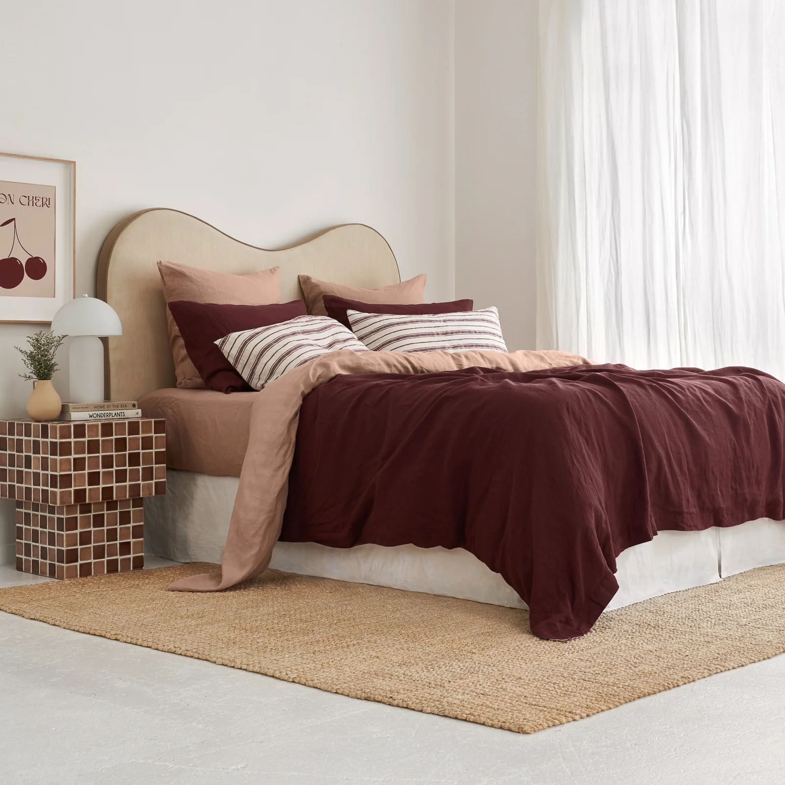 French Flax Linen Double Sided Quilt Cover in Cherrywood/Cherrywood Stripe - Image 6