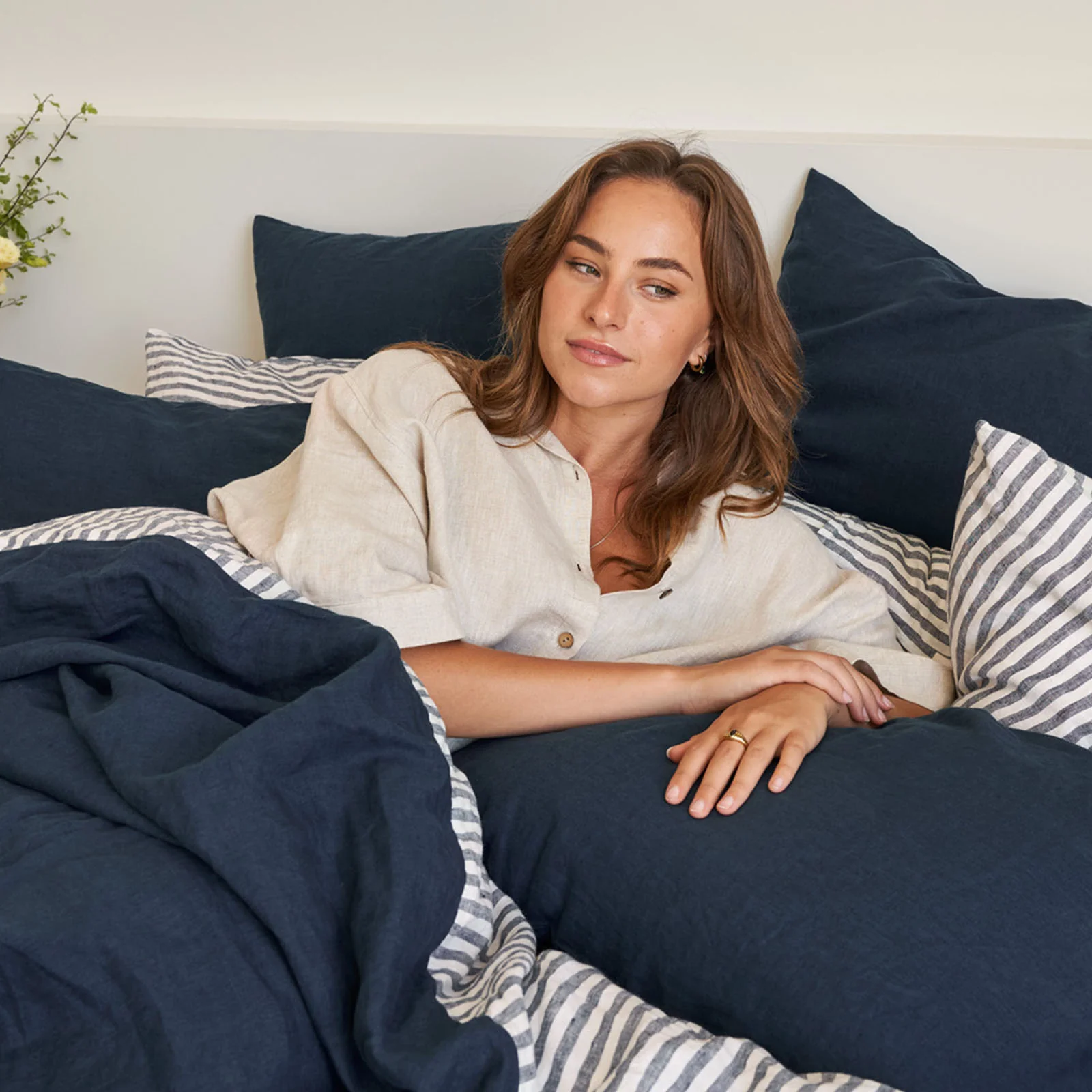 French Flax Linen Double Sided Quilt Cover in Indigo/Indigo Stripe - Image 10