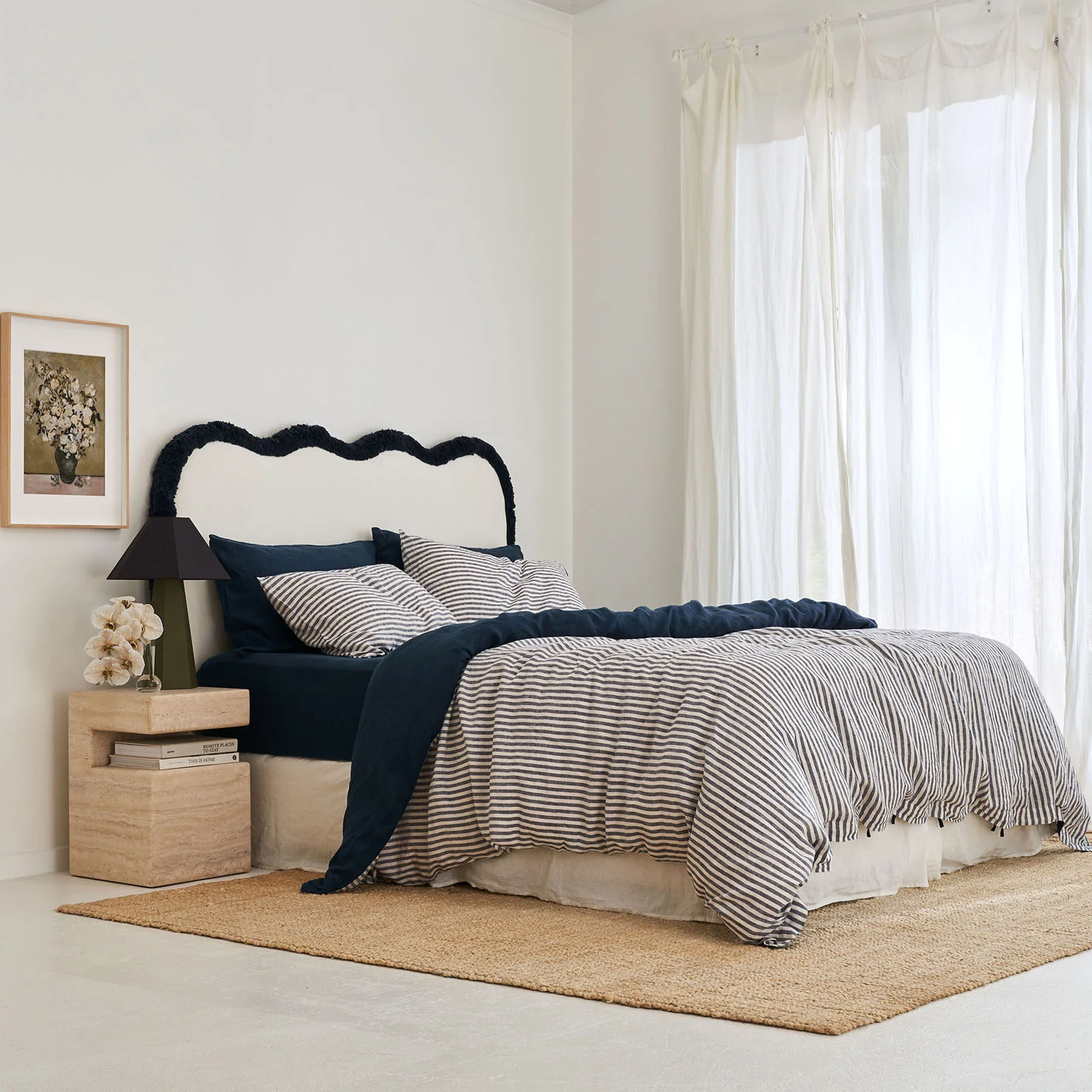 French Flax Linen Double Sided Quilt Cover in Indigo/Indigo Stripe - Image 4