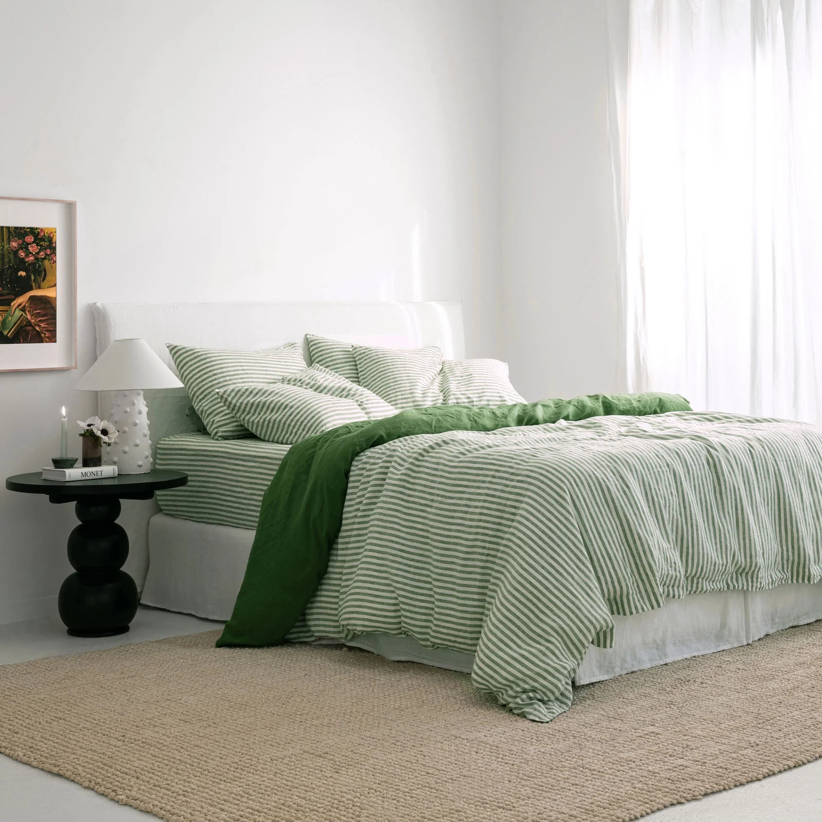 French Flax Linen Double Sided Quilt Cover in Ivy/Ivy Stripe - Image 4