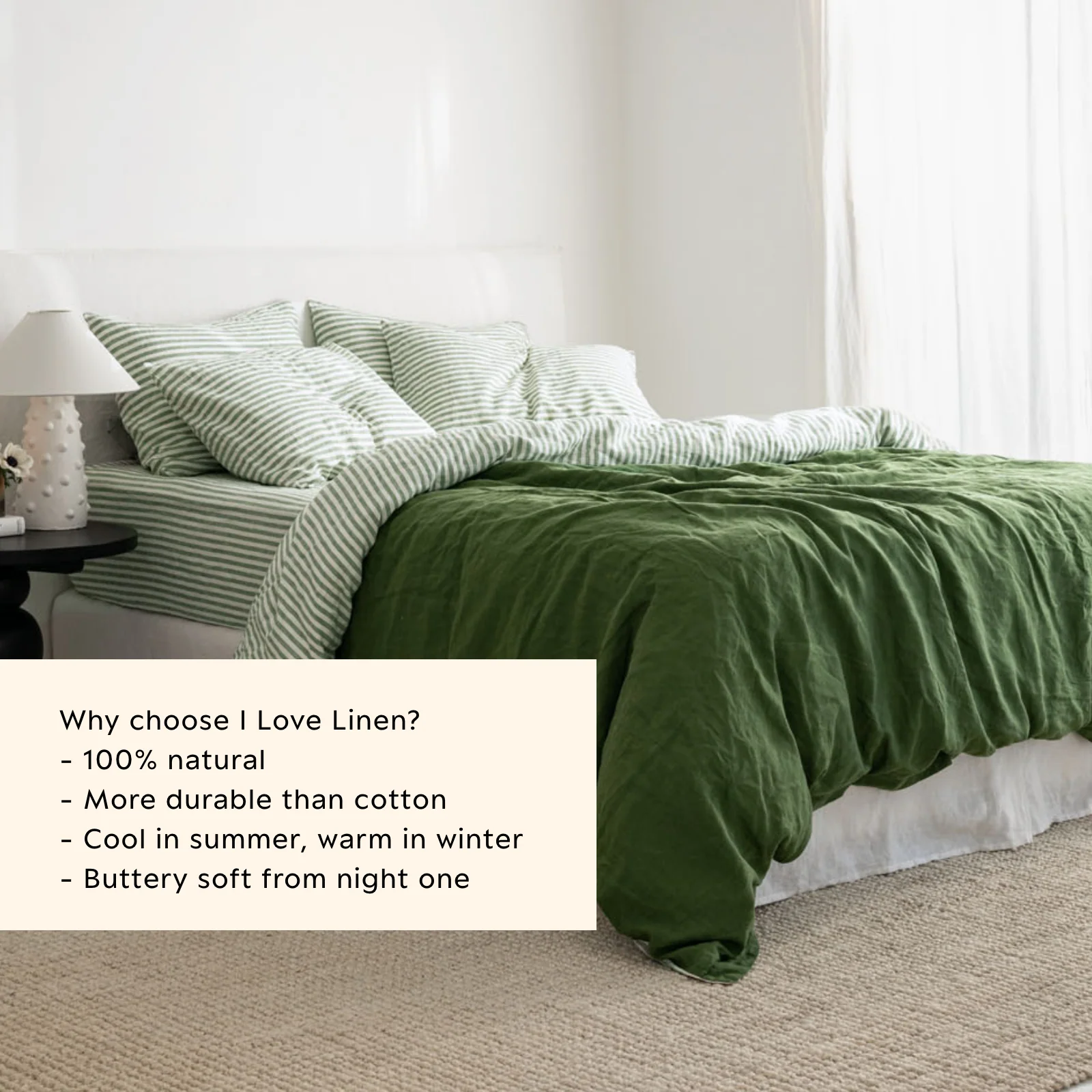 French Flax Linen Double Sided Quilt Cover in Ivy/Ivy Stripe - Image 5