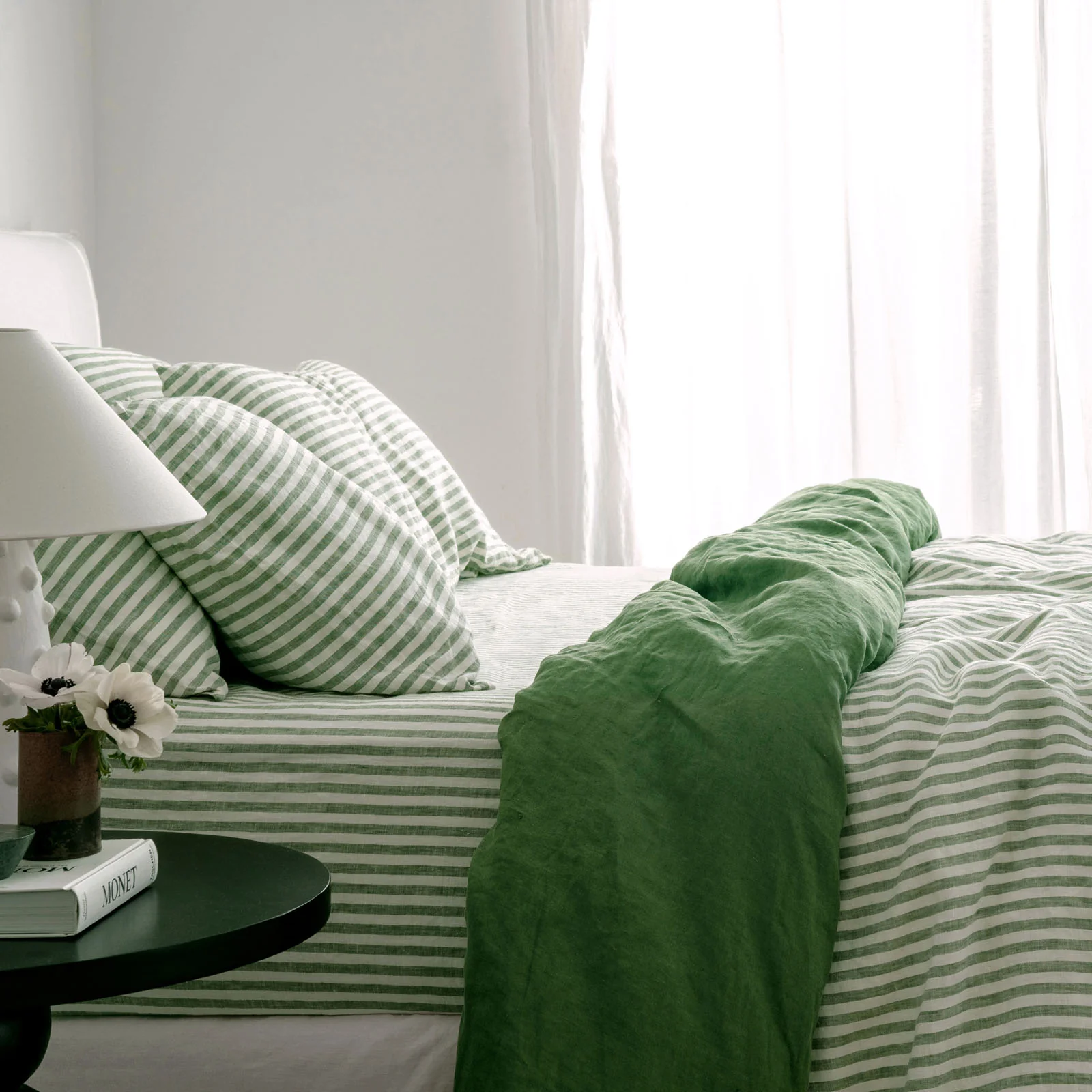 French Flax Linen Double Sided Quilt Cover in Ivy/Ivy Stripe - Image 9