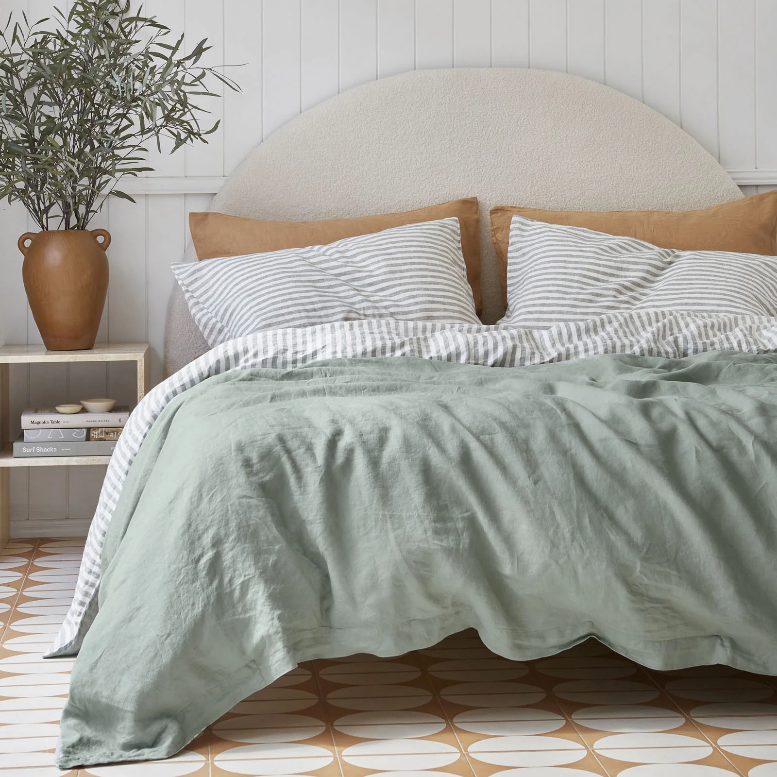 French Flax Linen Double Sided Quilt Cover in Sage/Sage Stripe - Image 2