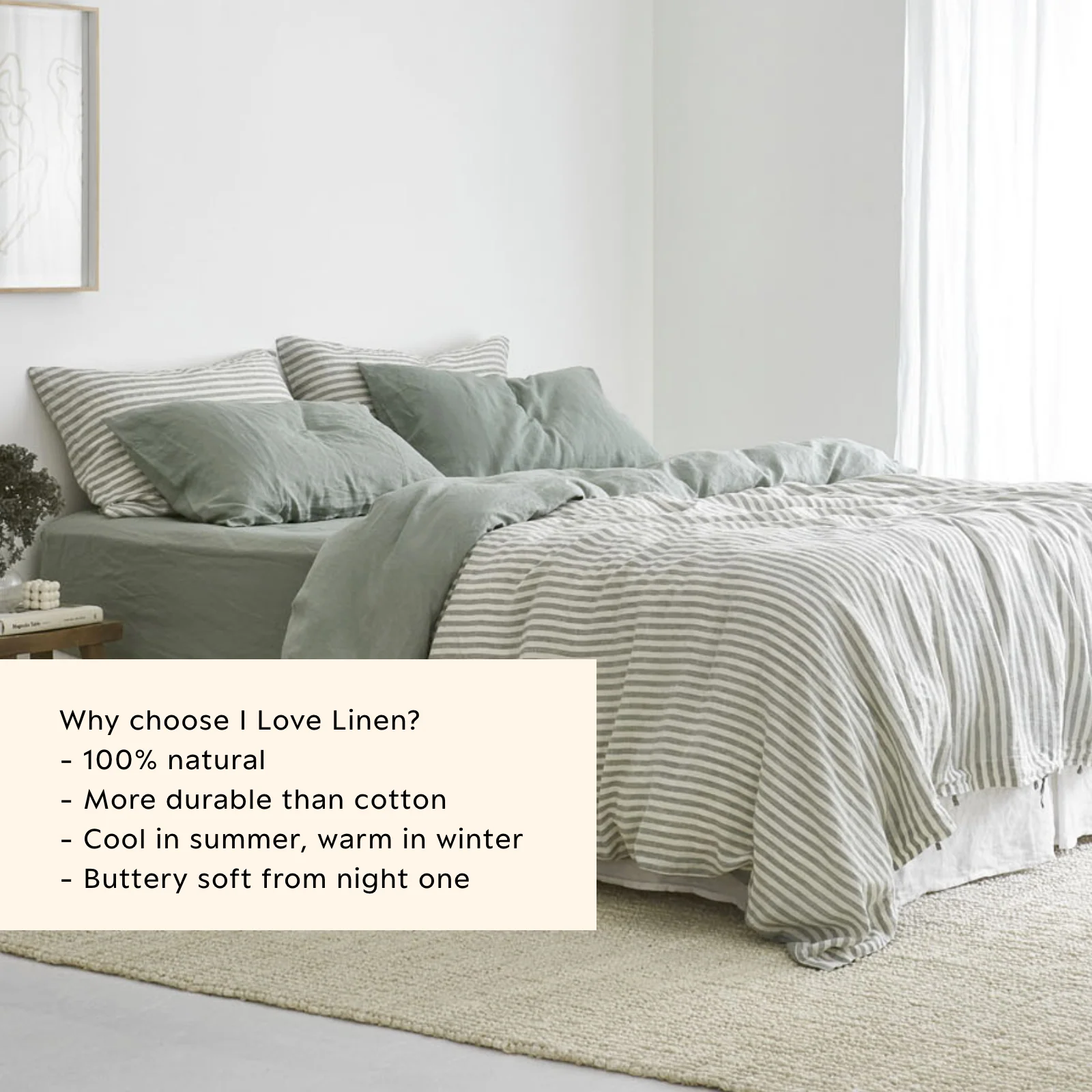 French Flax Linen Double Sided Quilt Cover in Sage/Sage Stripe - Image 5