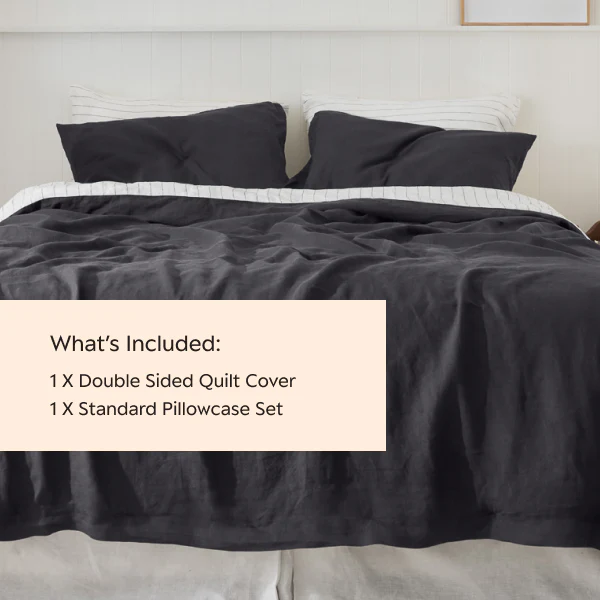 French Flax Linen Double Sided Quilt Cover SET in Charcoal/Charcoal Stripe - Image 11