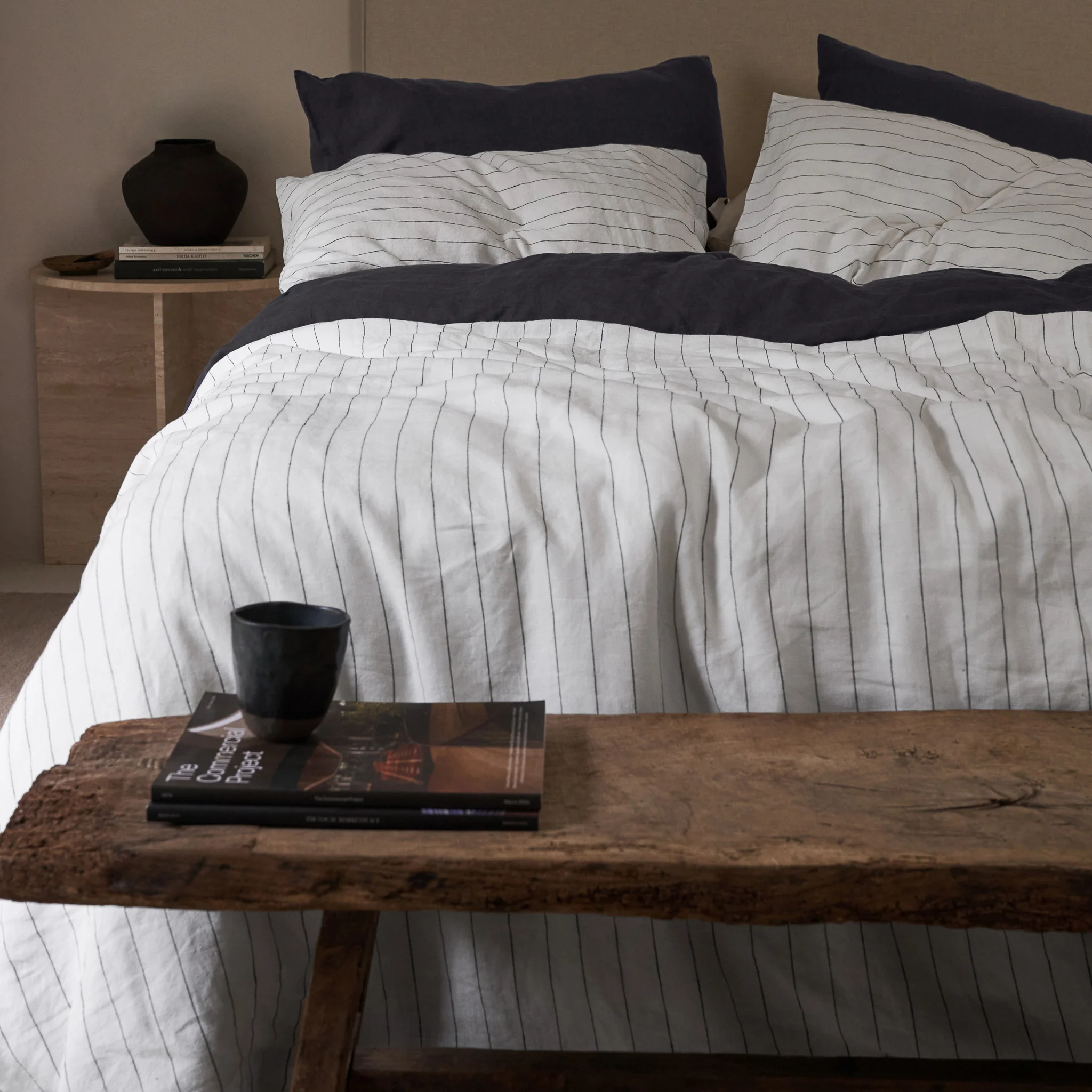 French Flax Linen Double Sided Quilt Cover SET in Charcoal/Charcoal Stripe - Image 4