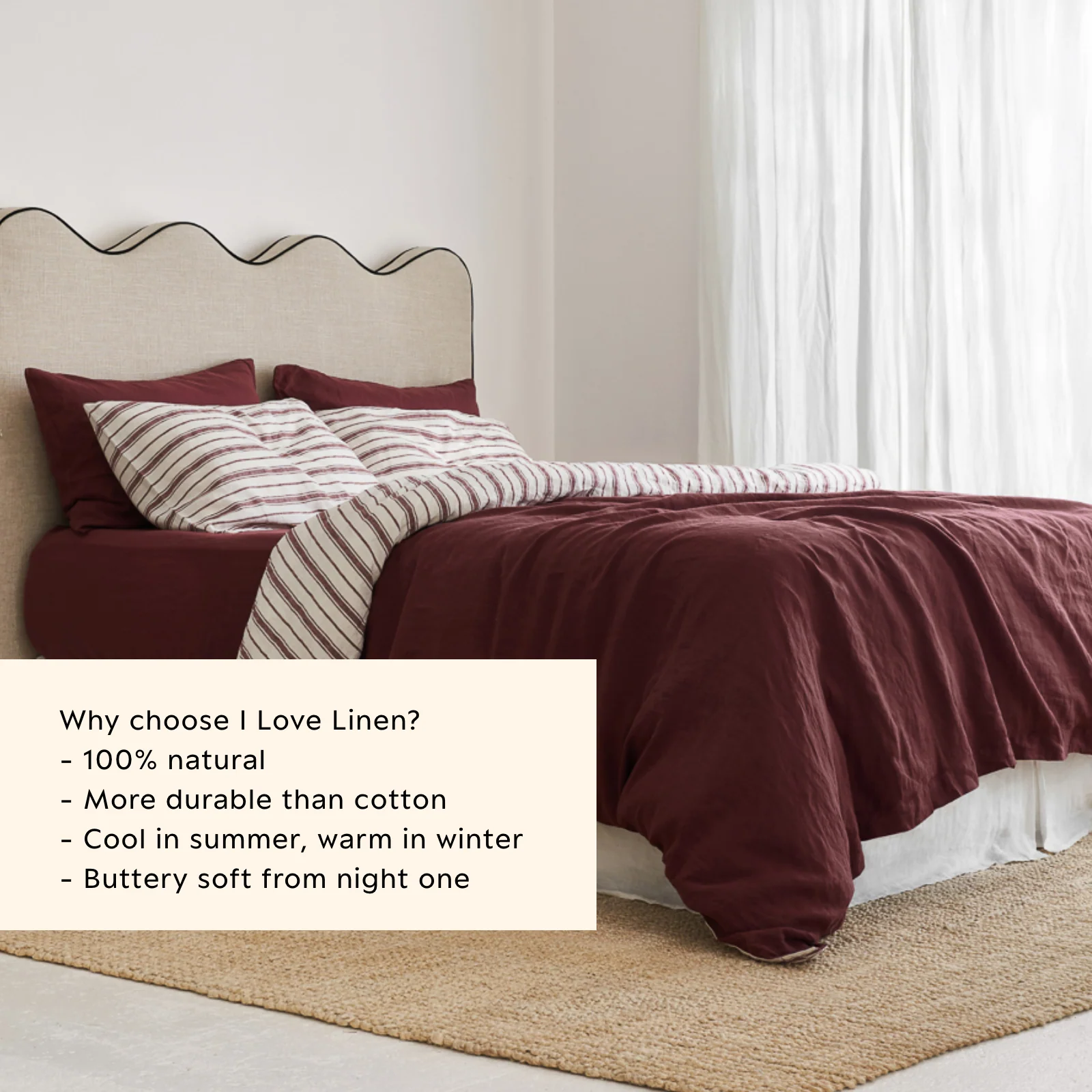 French Flax Linen Double Sided Quilt Cover Set in Cherrywood/Cherrywood Stripe - Image 5