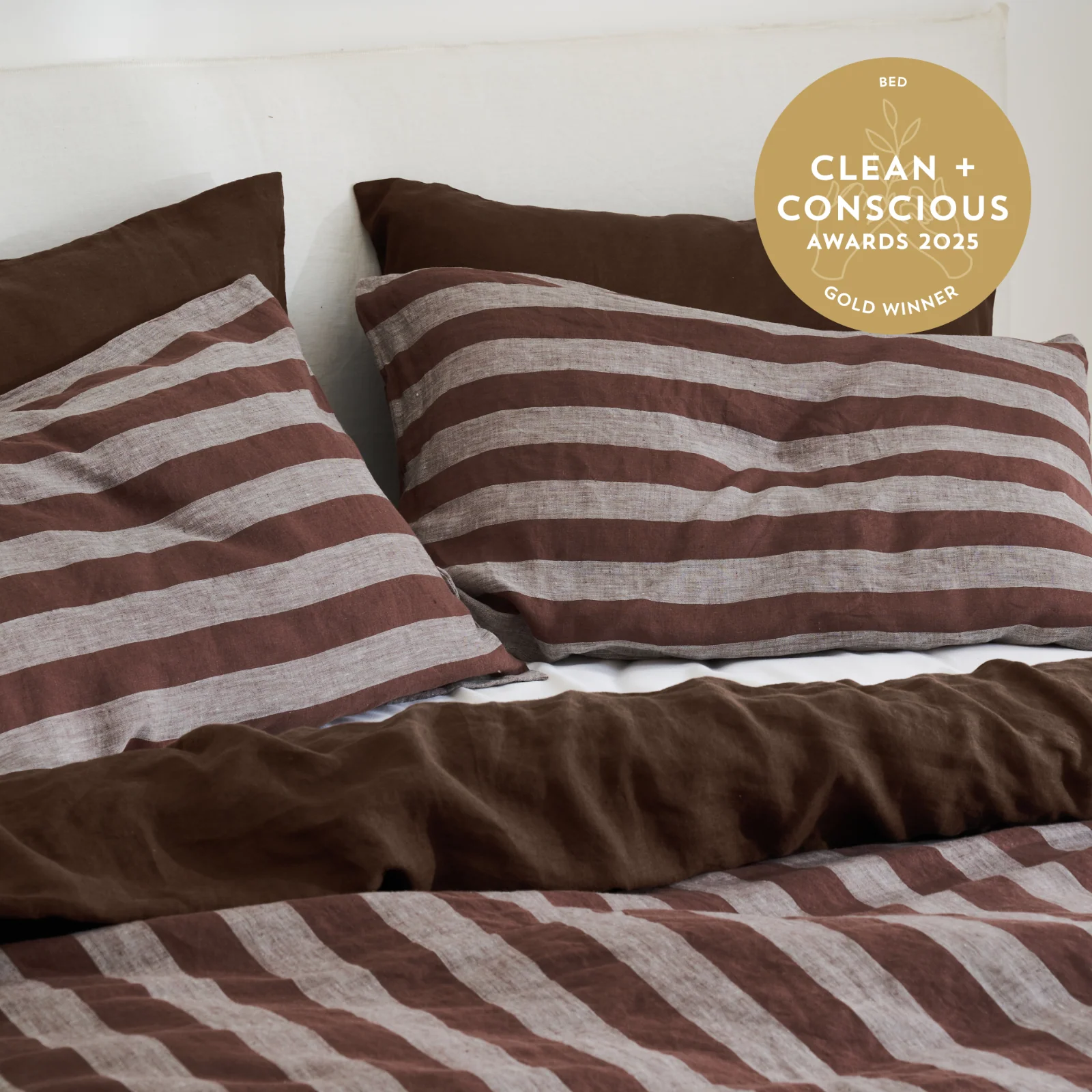 French Flax Linen Double Sided Quilt Cover Set in Chocolate/Chocolate Stripe - Image 5