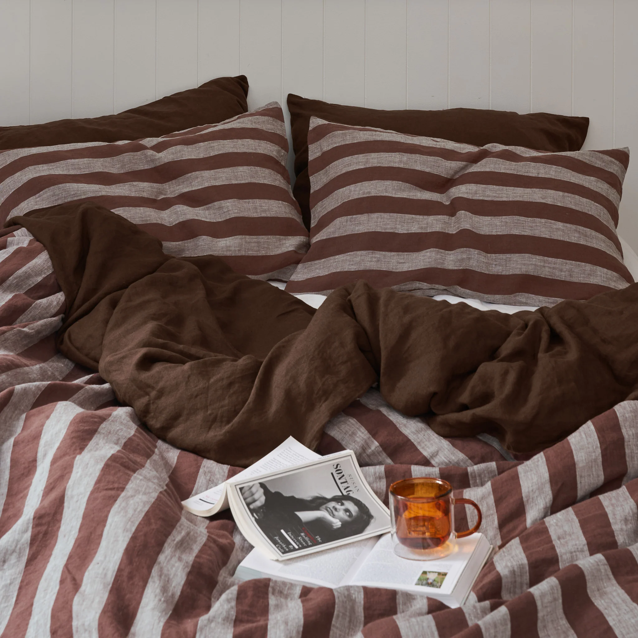 French Flax Linen Double Sided Quilt Cover Set in Chocolate/Chocolate Stripe - Image 6