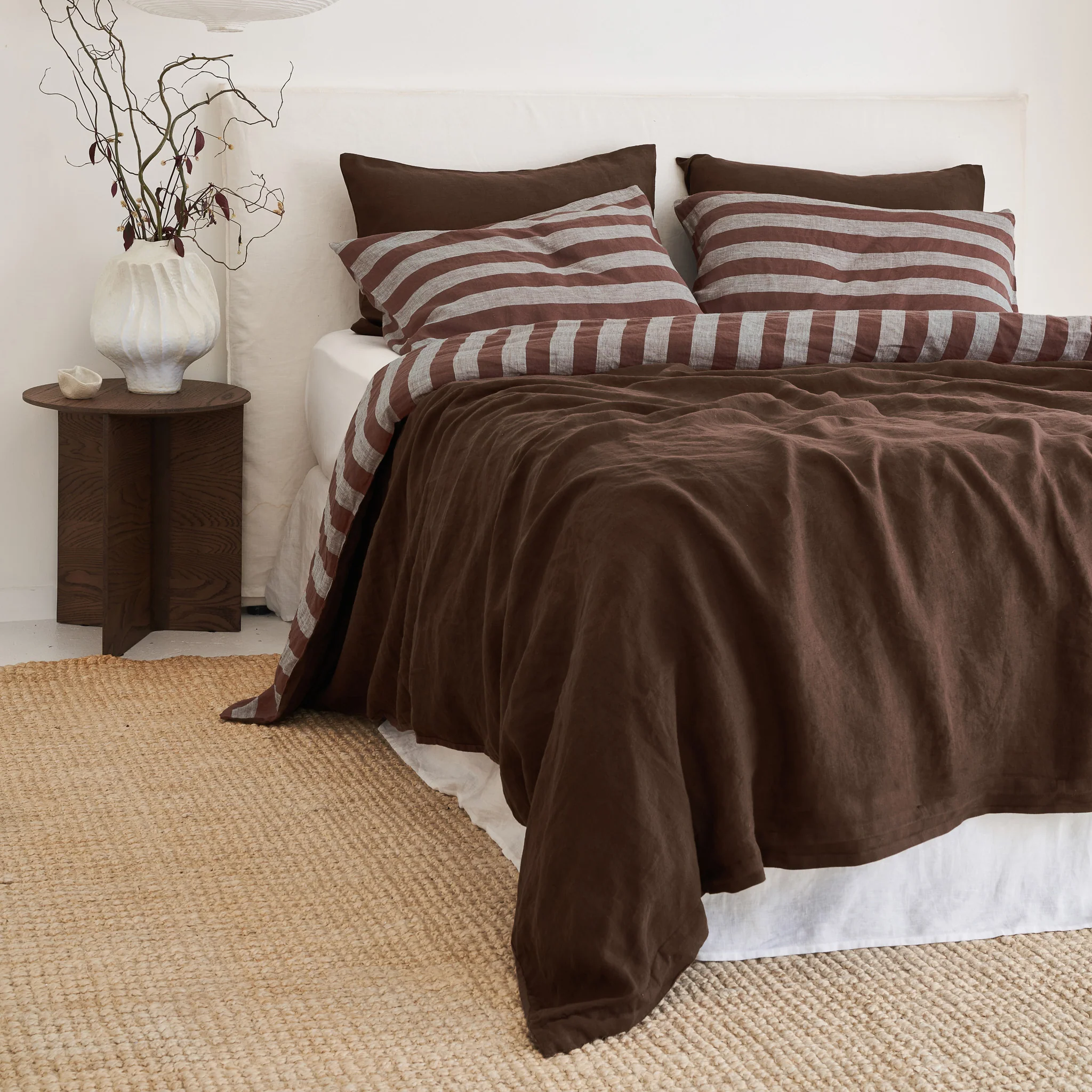 French Flax Linen Double Sided Quilt Cover Set in Chocolate/Chocolate Stripe - Image 7