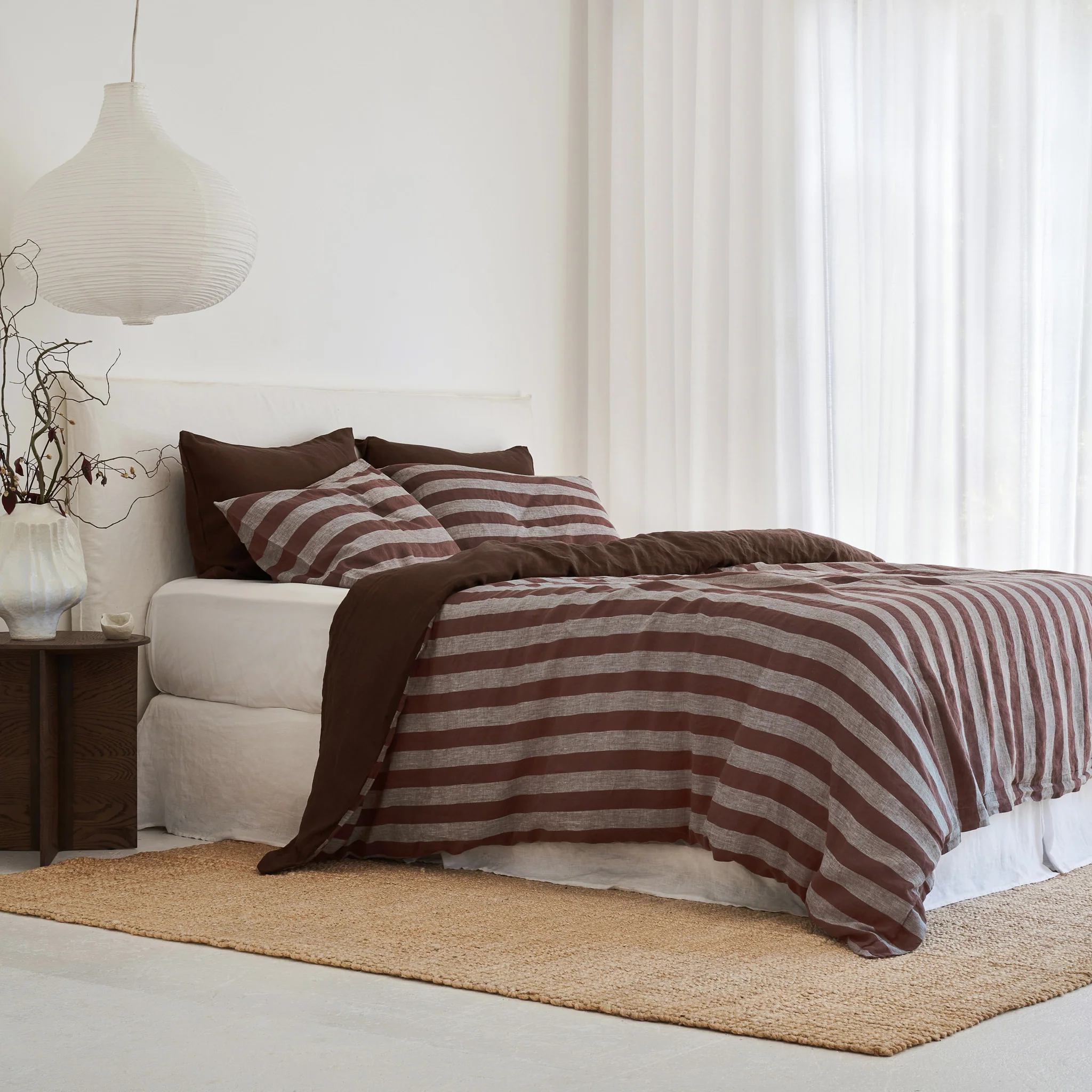 French Flax Linen Double Sided Quilt Cover Set in Chocolate/Chocolate Stripe - Image 8