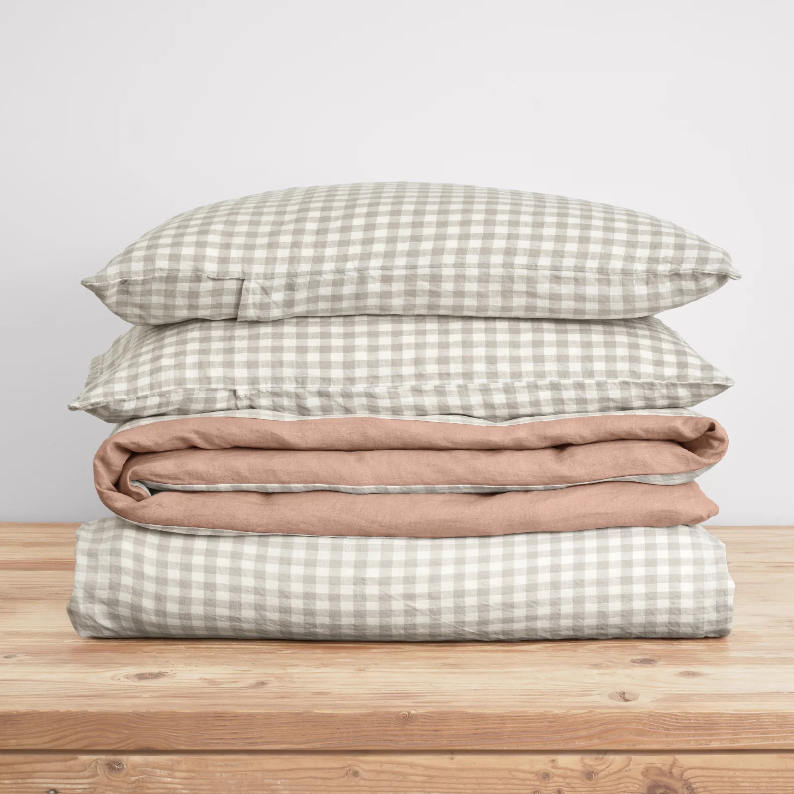 French Flax Linen Double Sided Quilt Cover Set in Clay/Beige Gingham