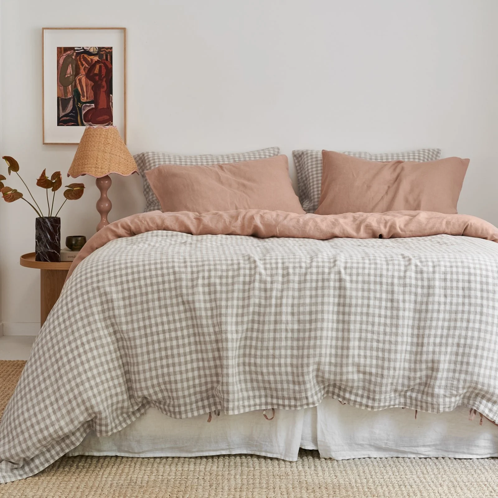French Flax Linen Double Sided Quilt Cover Set in Clay/Beige Gingham - Image 3