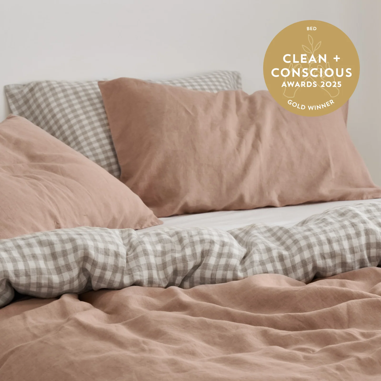 French Flax Linen Double Sided Quilt Cover Set in Clay/Beige Gingham - Image 4