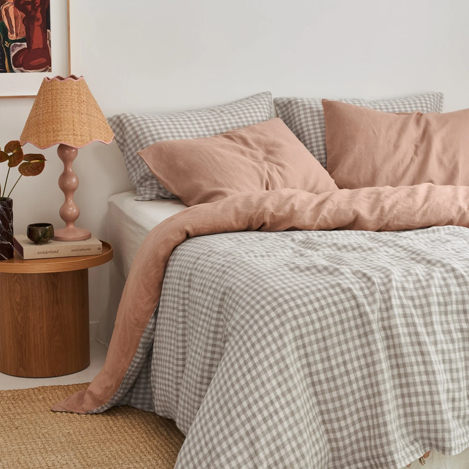 French Flax Linen Double Sided Quilt Cover Set in Clay/Beige Gingham - Image 5