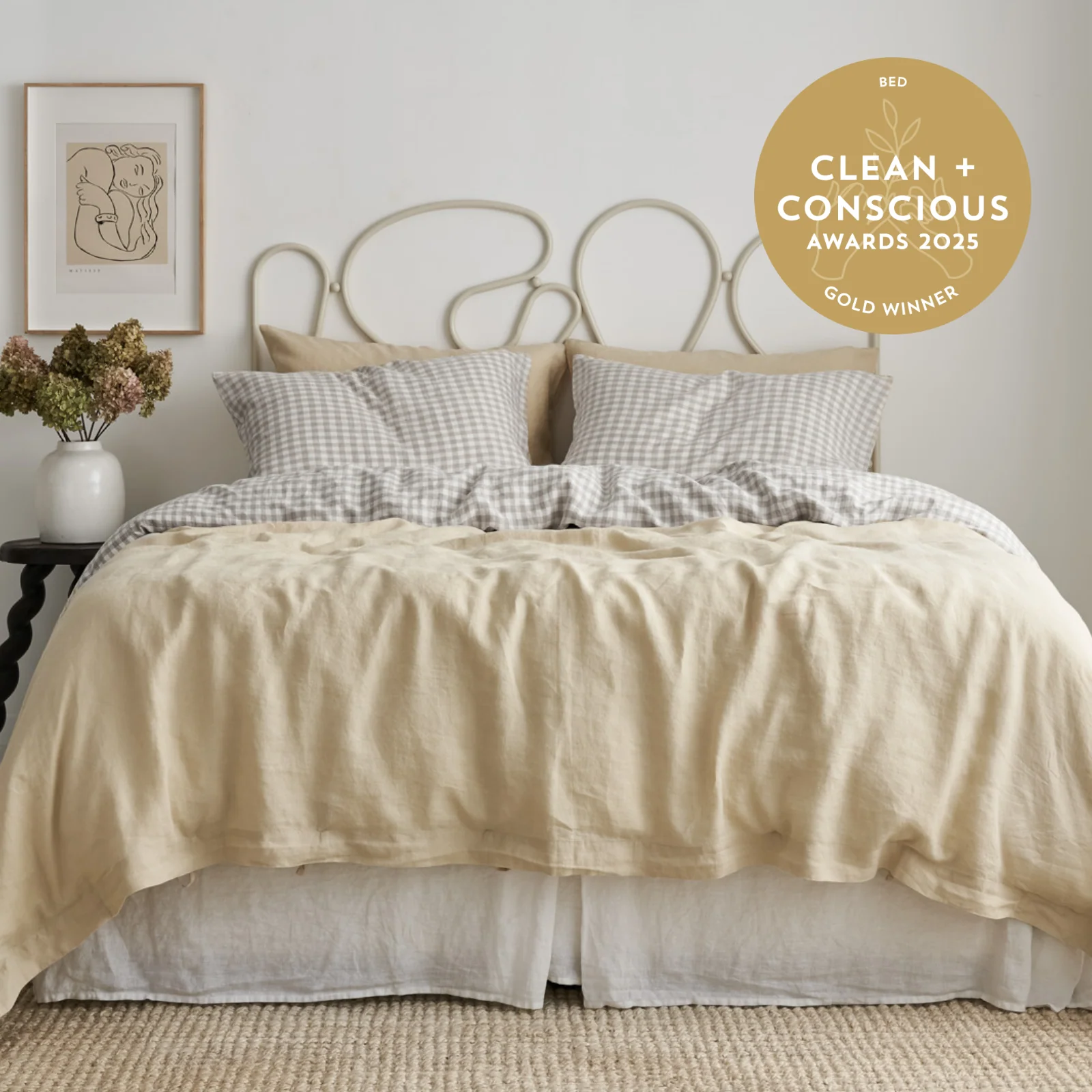 French Flax Linen Double Sided Quilt Cover Set in Creme/Beige Gingham - Image 3