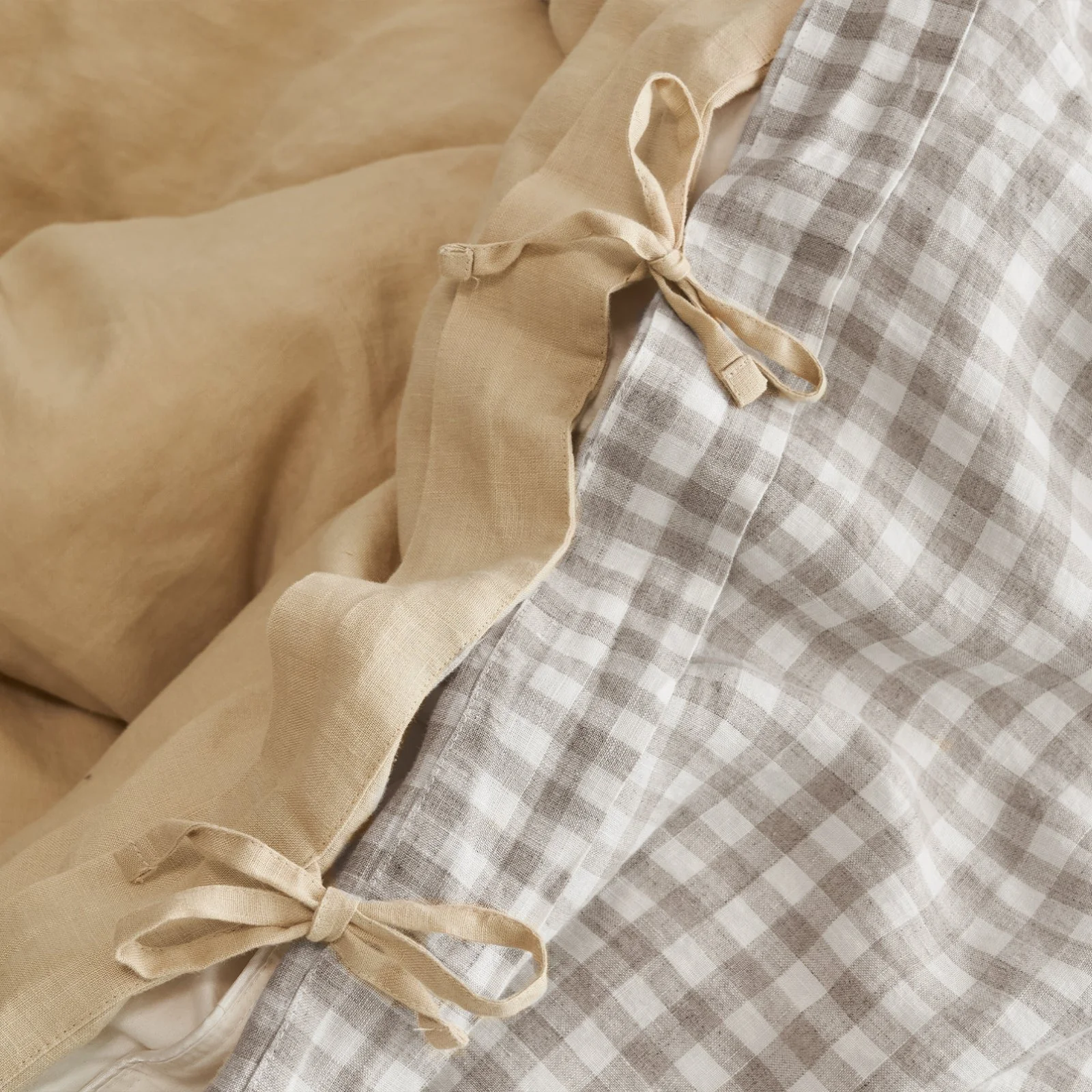 French Flax Linen Double Sided Quilt Cover Set in Creme/Beige Gingham - Image 8