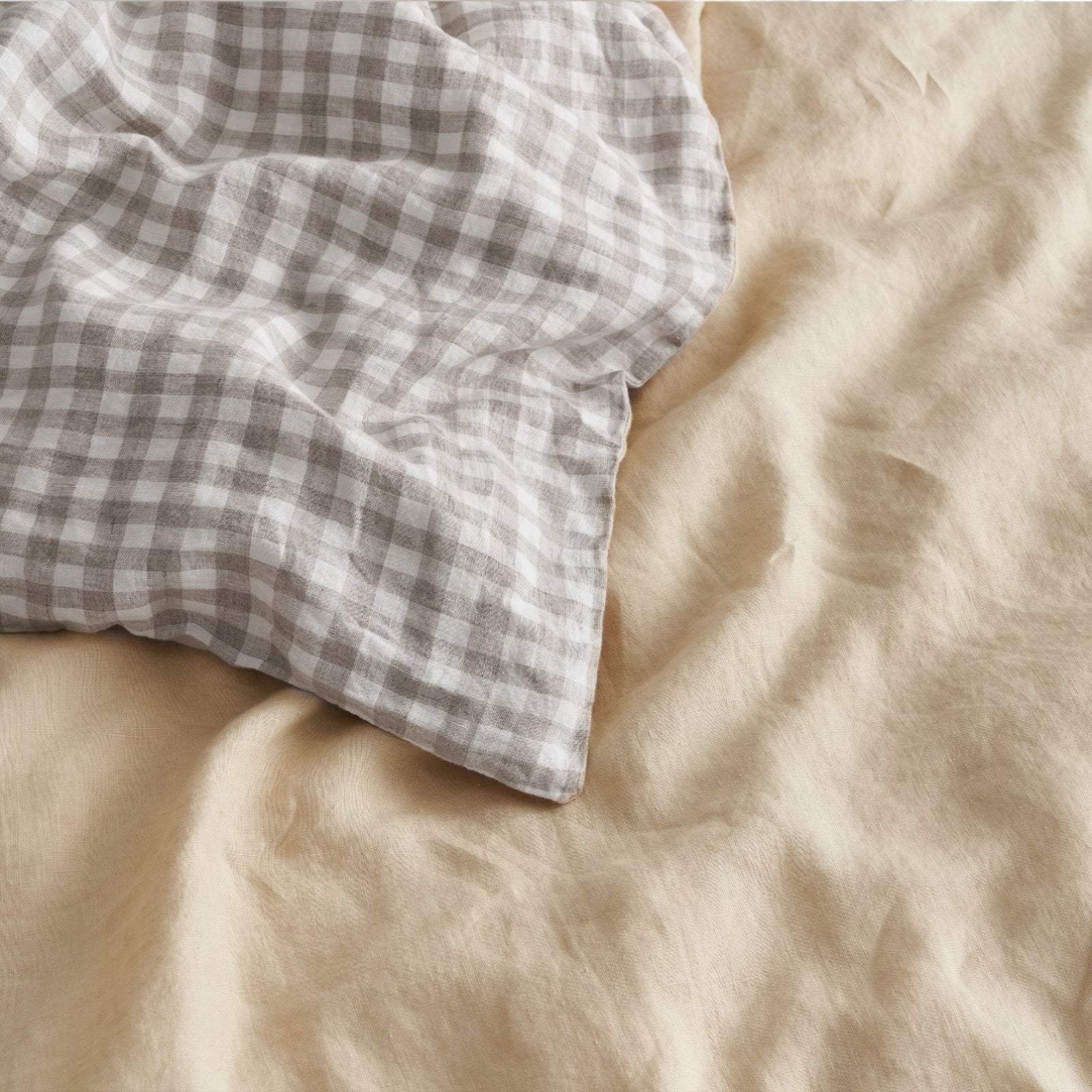 French Flax Linen Double Sided Quilt Cover Set in Creme/Beige Gingham - Image 9