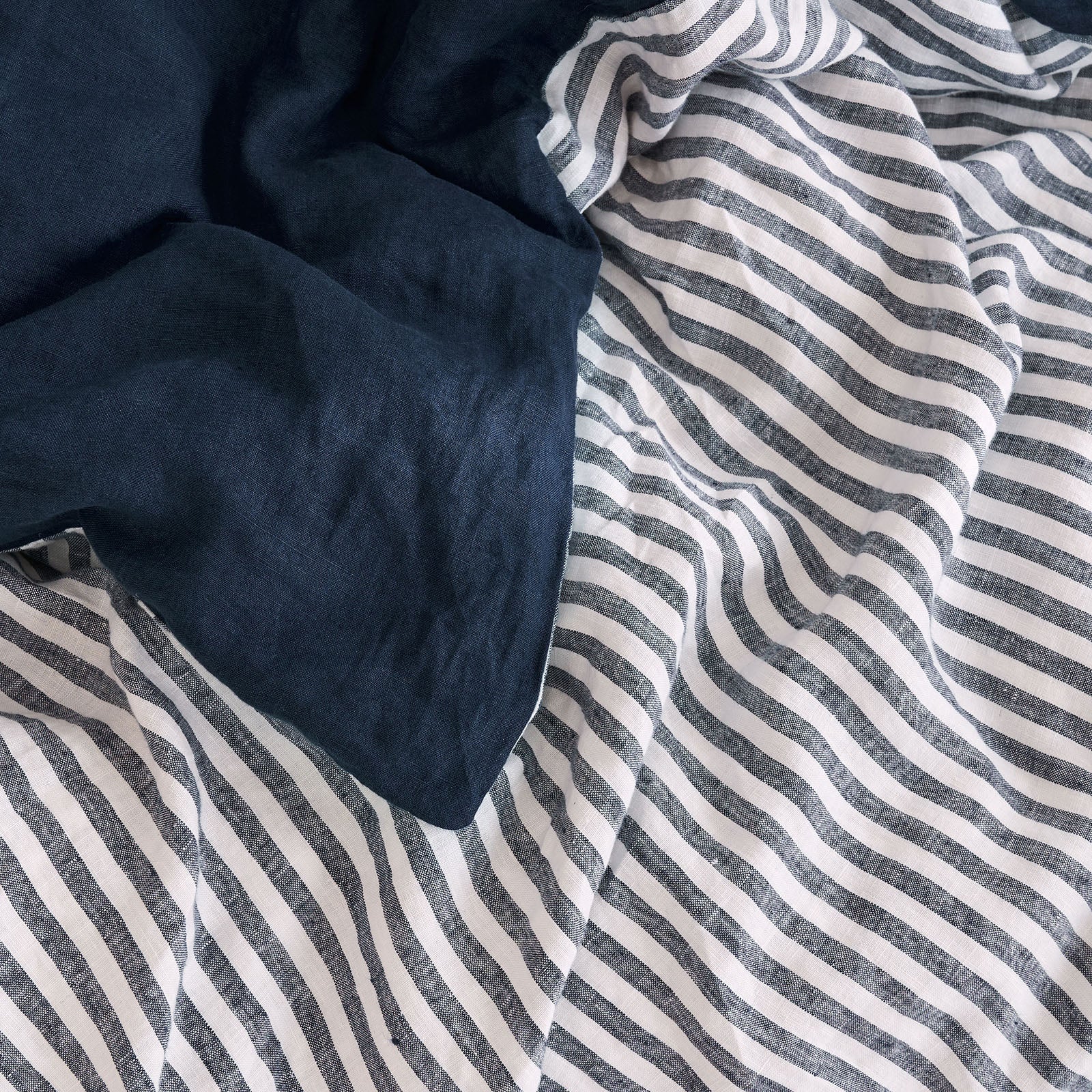 French Flax Linen Double Sided Quilt Cover Set in Indigo/Indigo Stripe - Image 7
