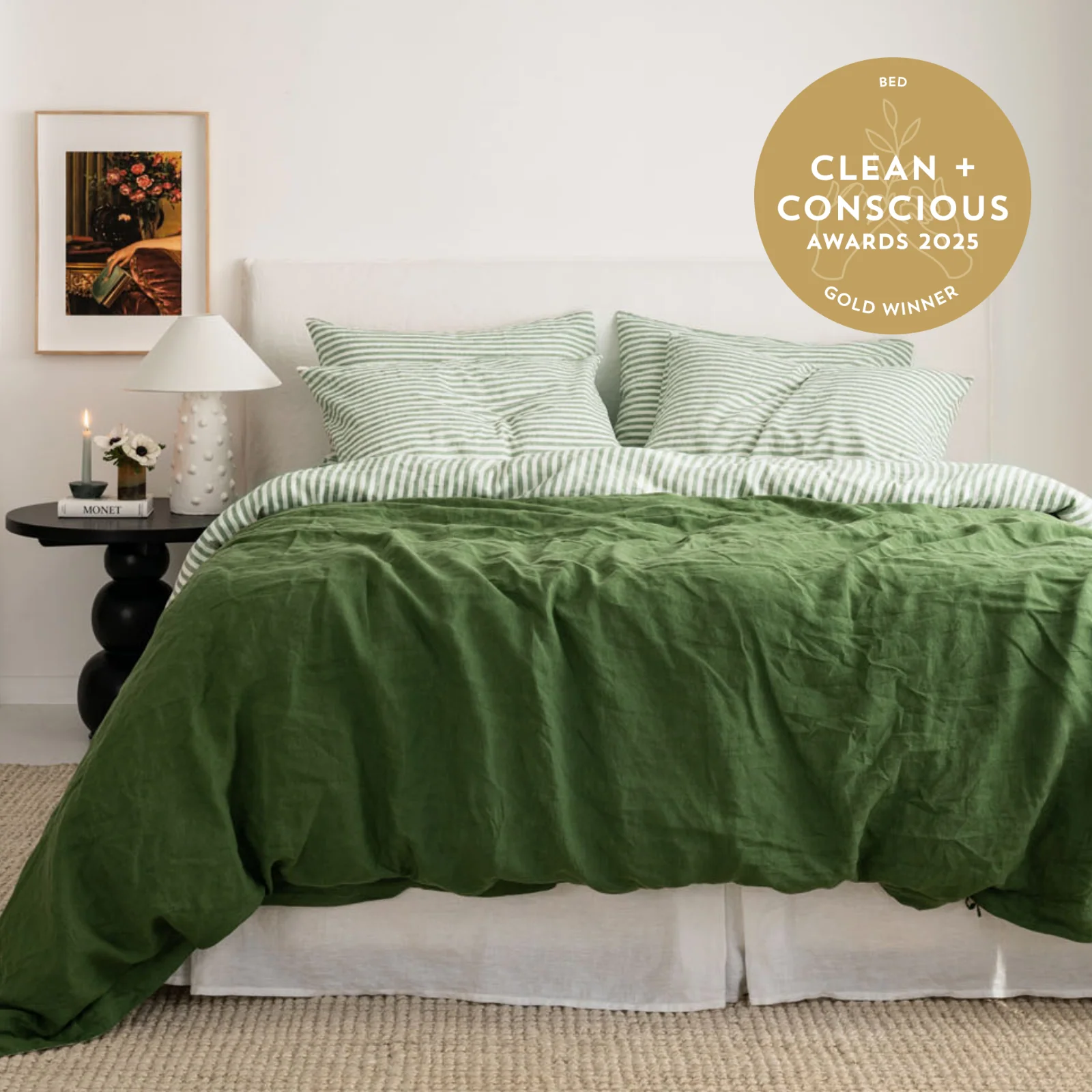 French Flax Linen Double Sided Quilt Cover in Ivy/Ivy Stripe - Image 3