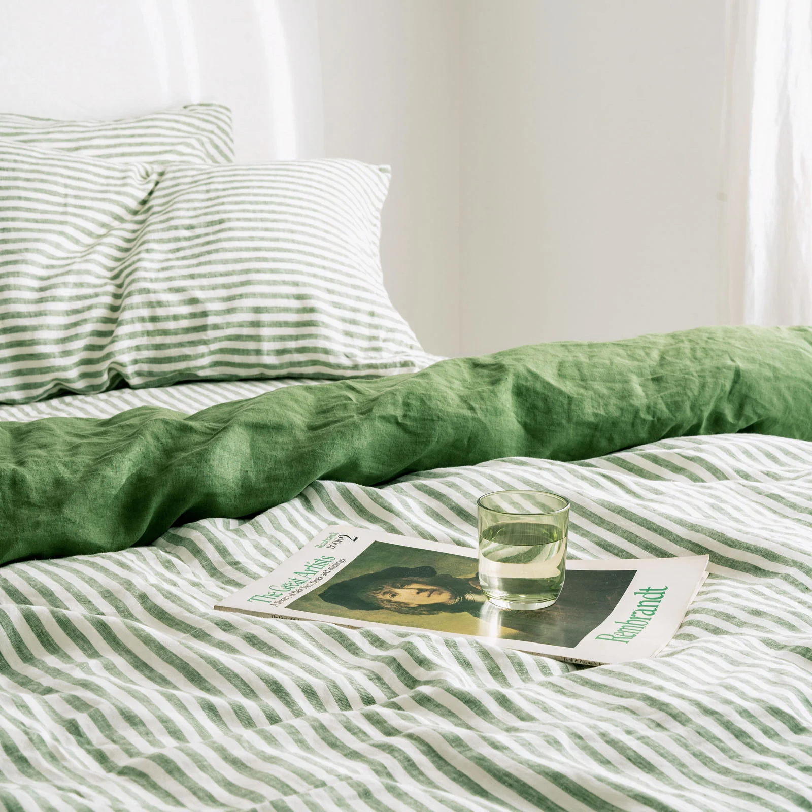 French Flax Linen Double Sided Quilt Cover Set in Ivy/Ivy Stripe - Image 7