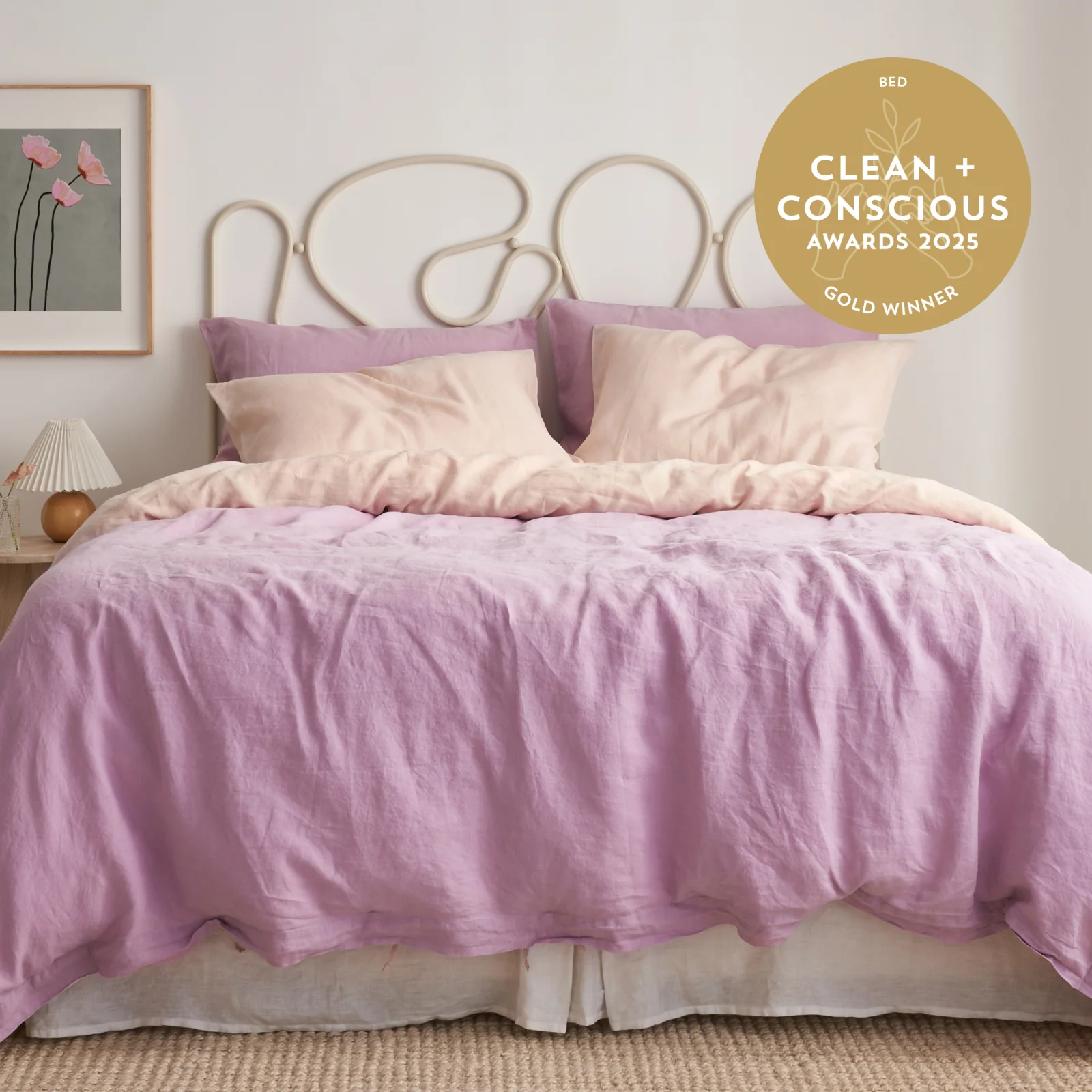 French Flax Linen Double Sided Quilt Cover Set in Lilac/Blush - Image 3
