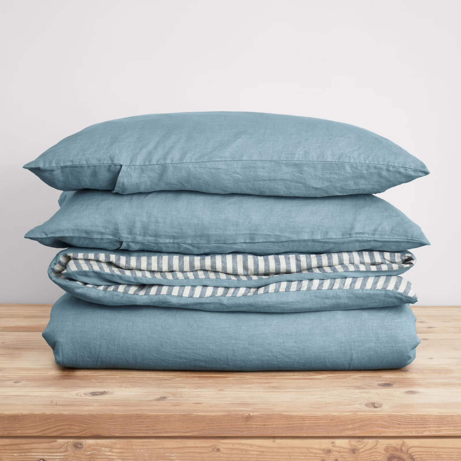 French Flax Linen Double Sided Quilt Cover Set in Marine Blue/Marine Blue Stripe