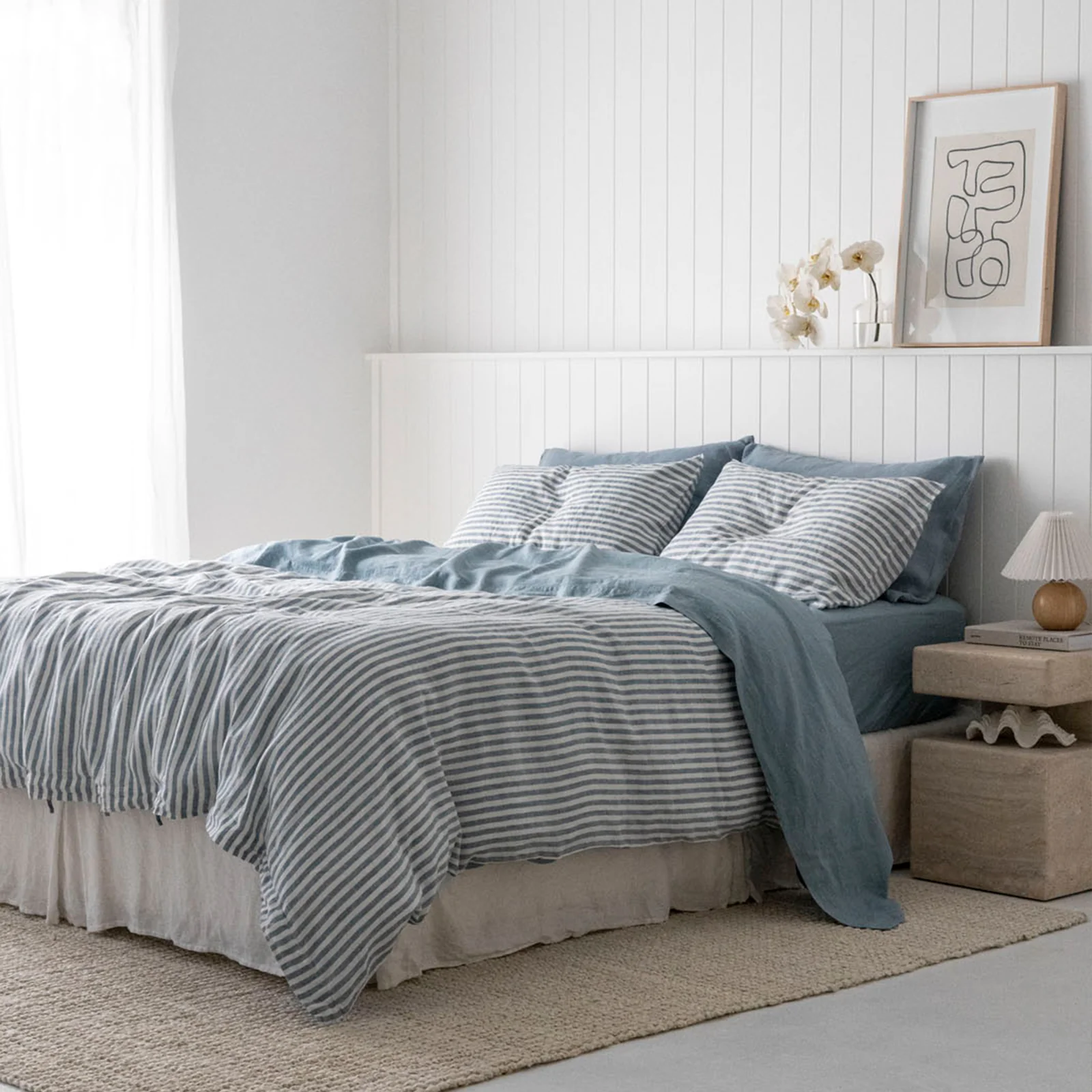 French Flax Linen Double Sided Quilt Cover Set in Marine Blue/Marine Blue Stripe - Image 7