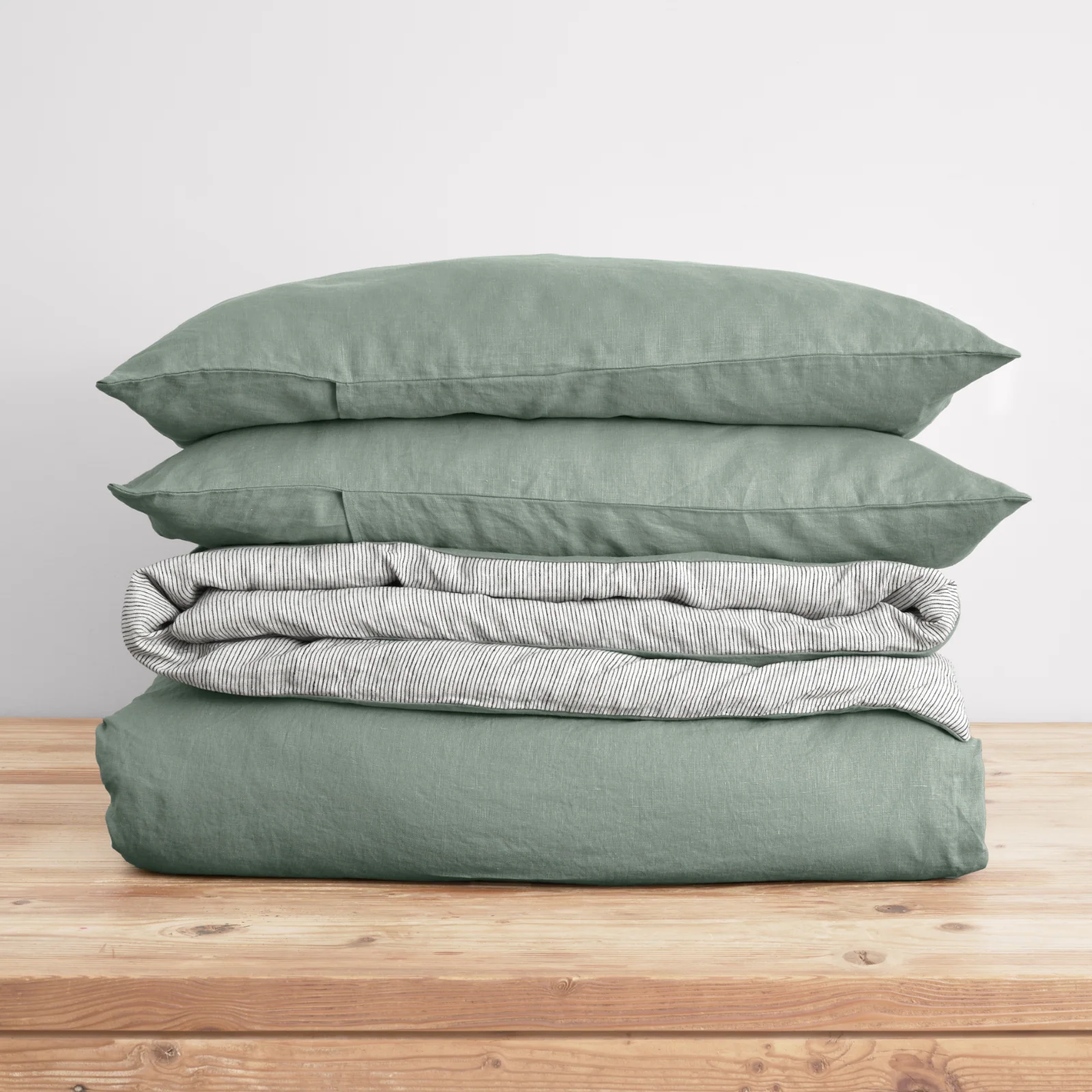French Flax Linen Double Sided Quilt Cover Set in Sage/Pinstripe