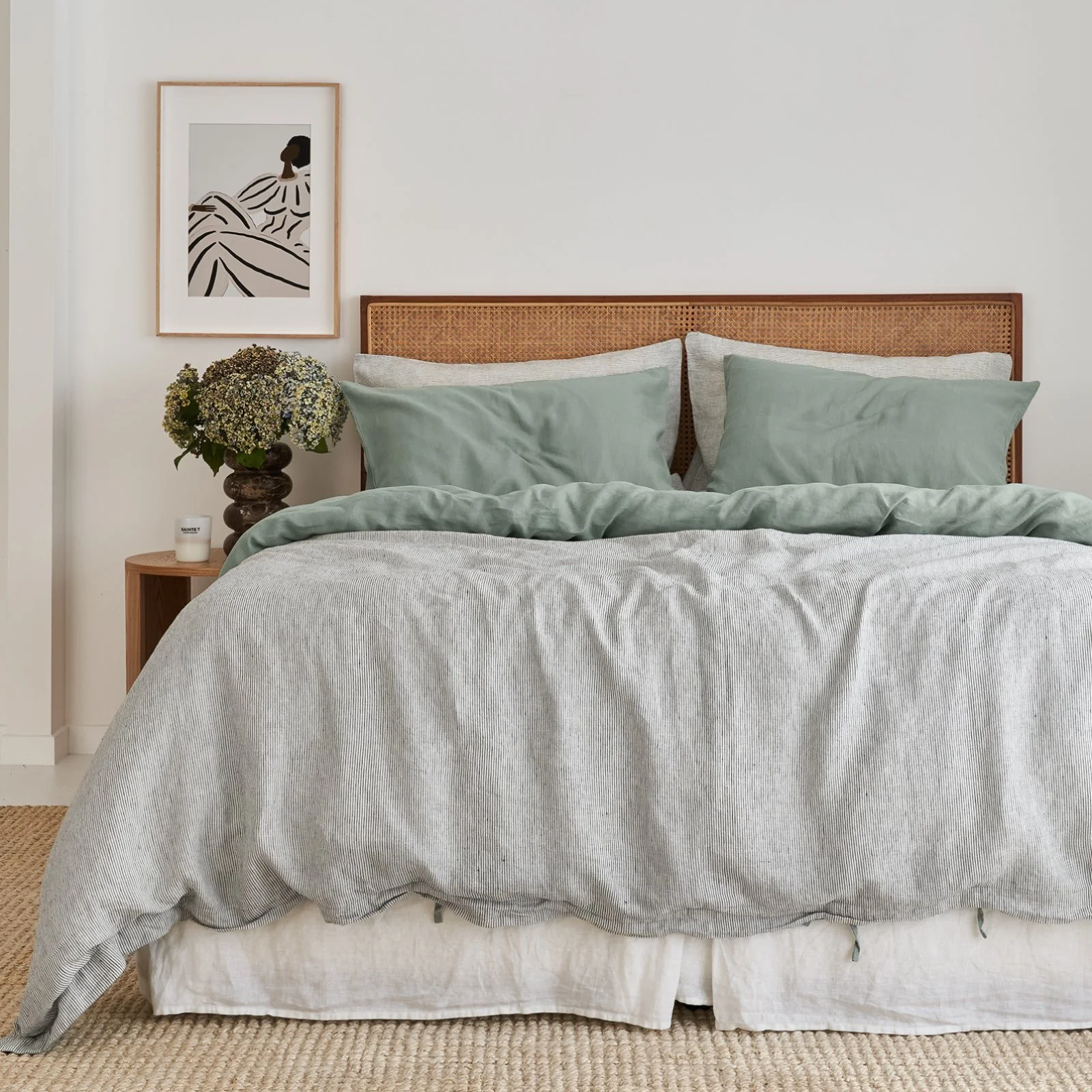 French Flax Linen Double Sided Quilt Cover Set in Sage/Pinstripe - Image 2
